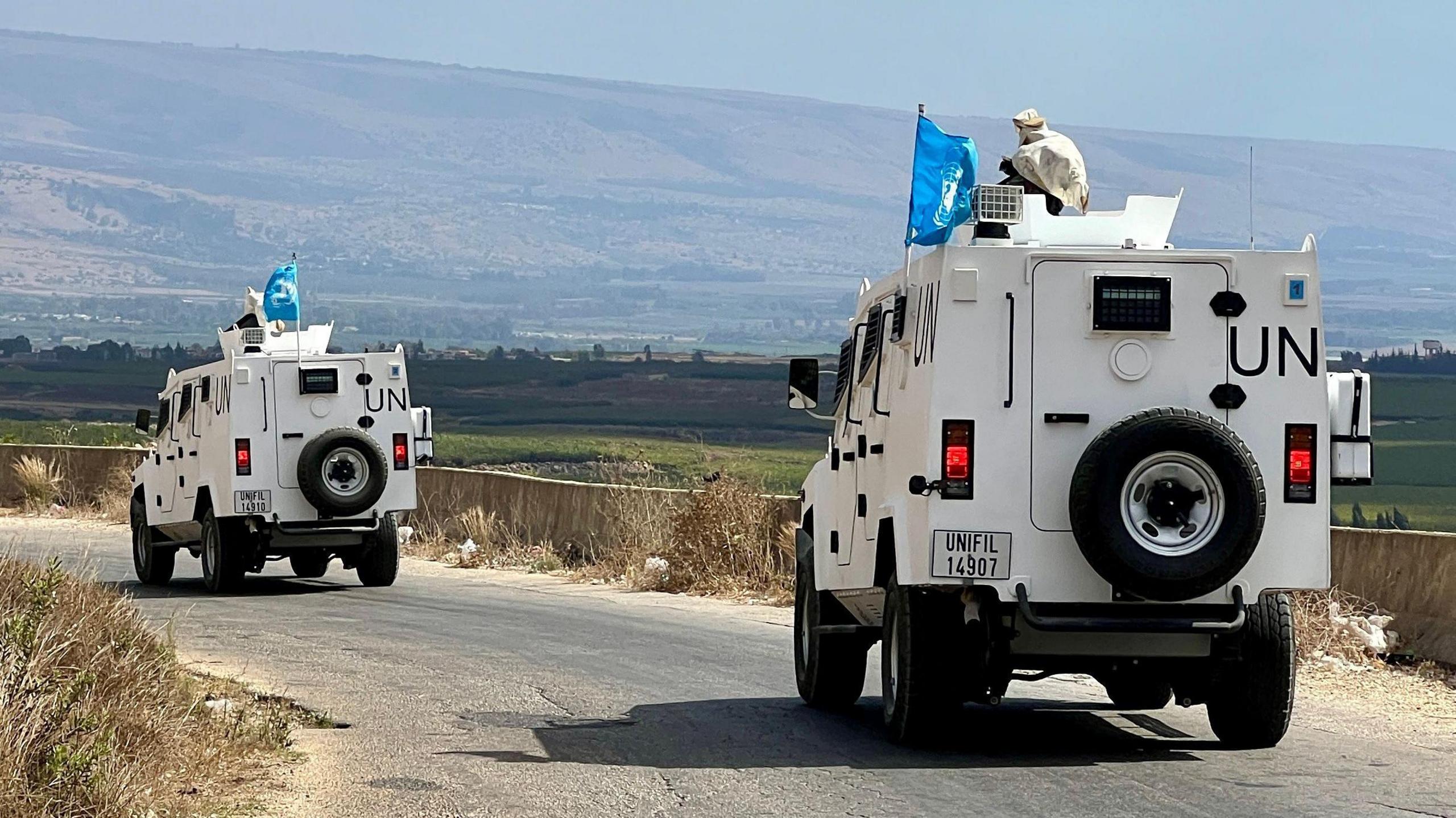 Unifil vehicles patrol in Wazzani village, southern Lebanon, 15 September 2024.