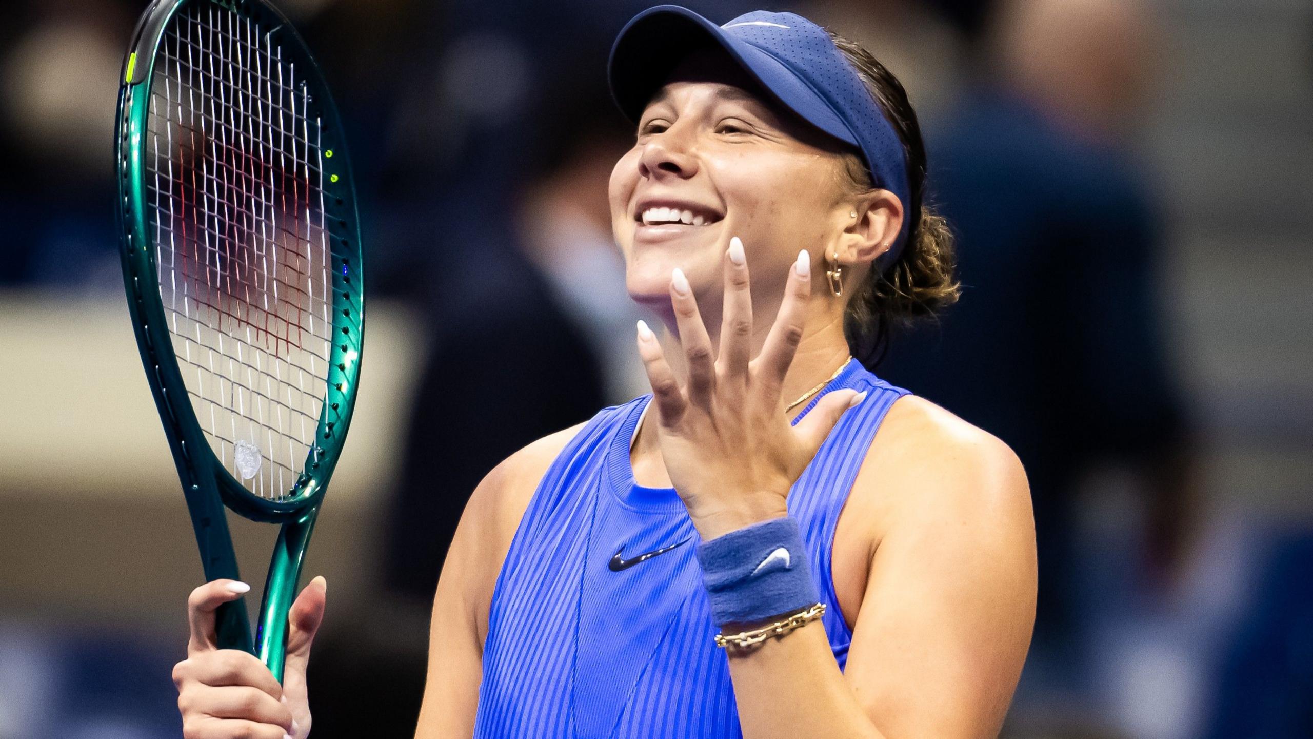 Amanda Anisimova celebrates victory over Naomi Osaka in the US Open semi-finals