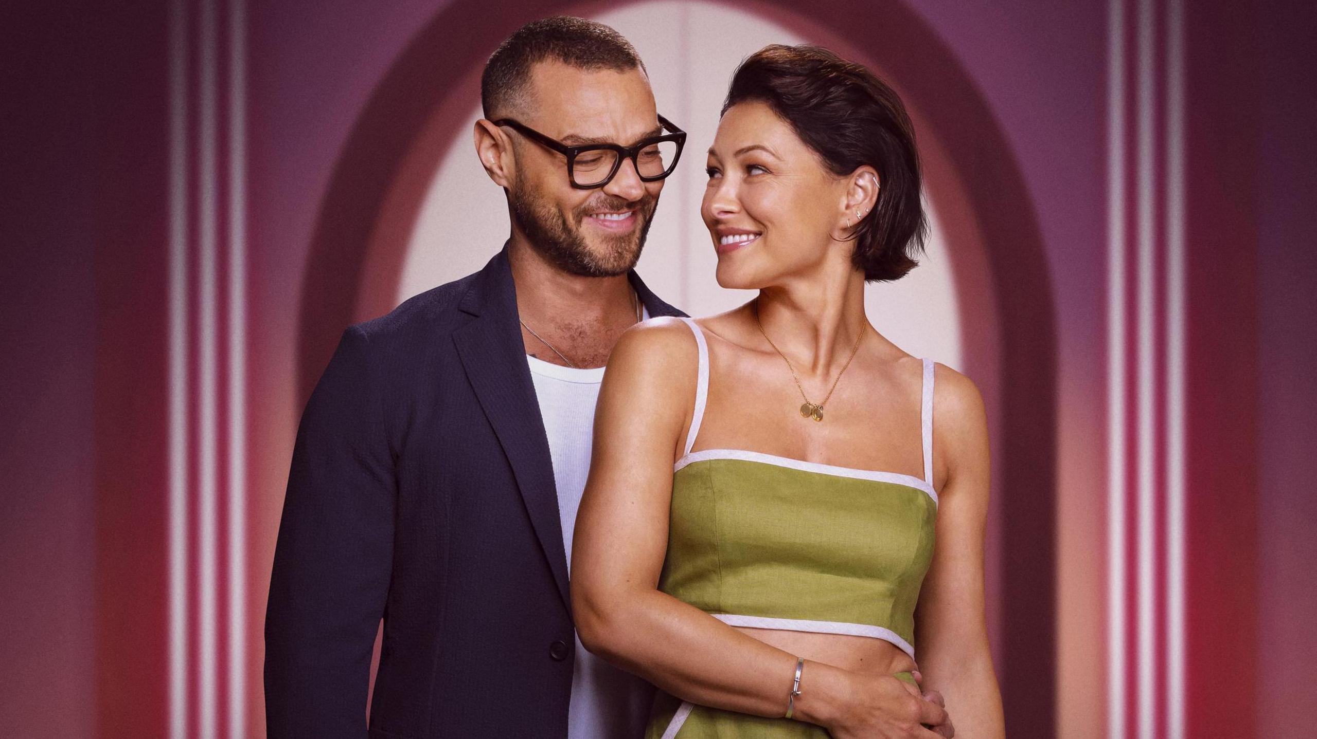 Matt and Emma Willis, standing in the Love is Blind studio