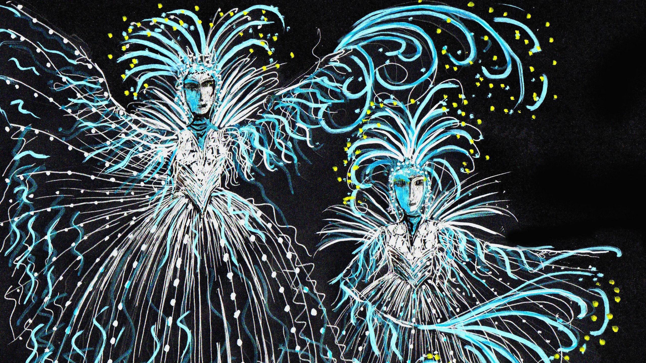 Two glowing, costumed figures stand out against a dark background, one with wide wings and the other surrounded by swirling patterns.