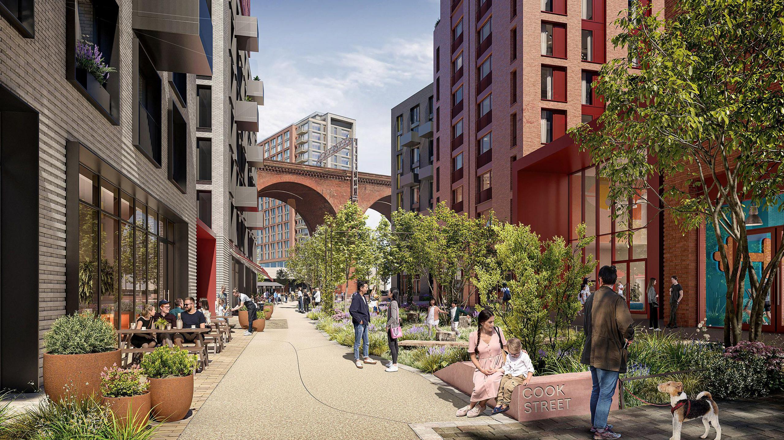 A CGI image of the planned development in Stockport. The historic viaduct can be seen in the background with high-rise buildings on either side. There are trees and shrubbery planted along the walkway with picnic benches to the left. 