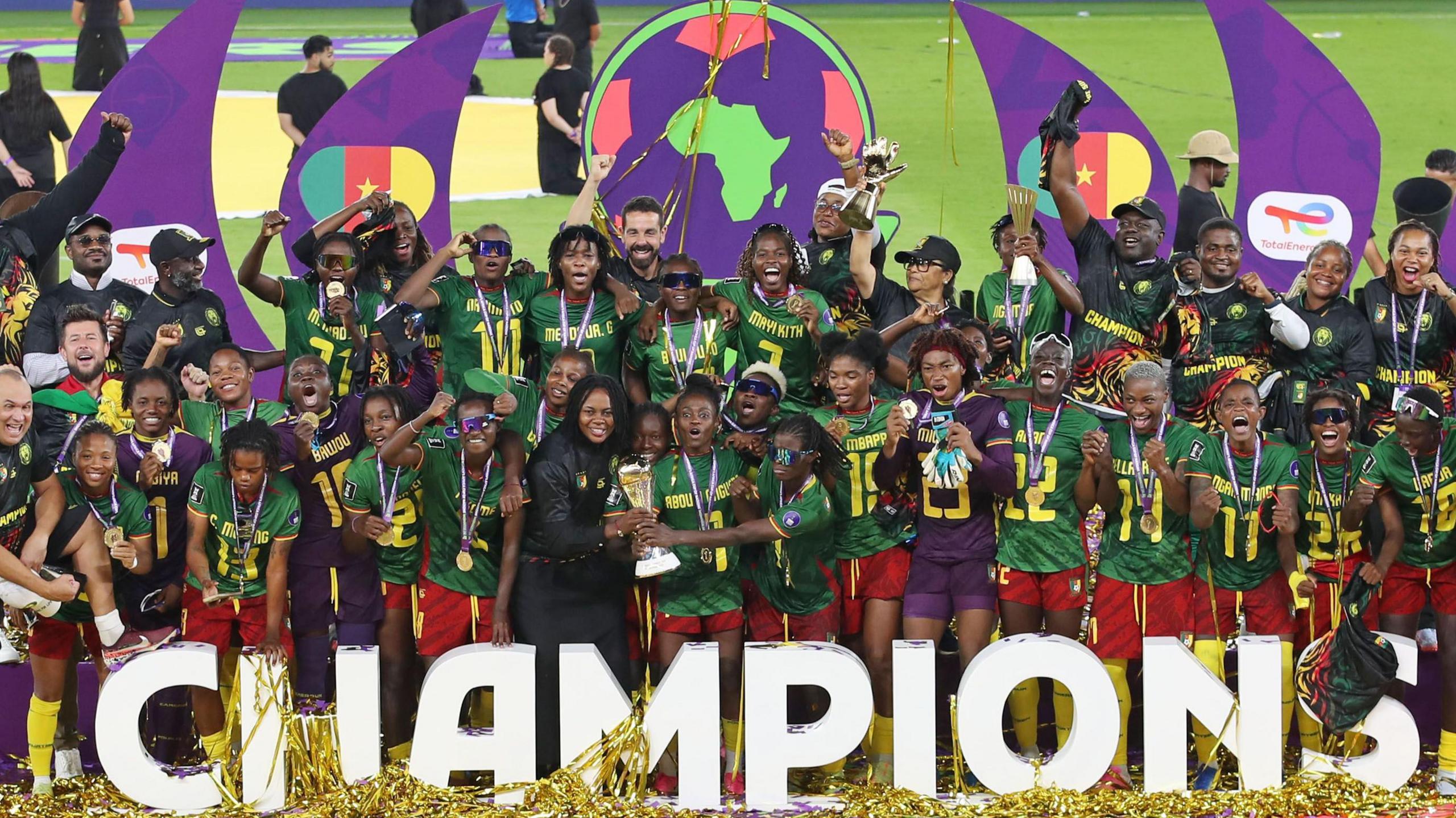 Cameroon celebrate with the Wafcon trophy