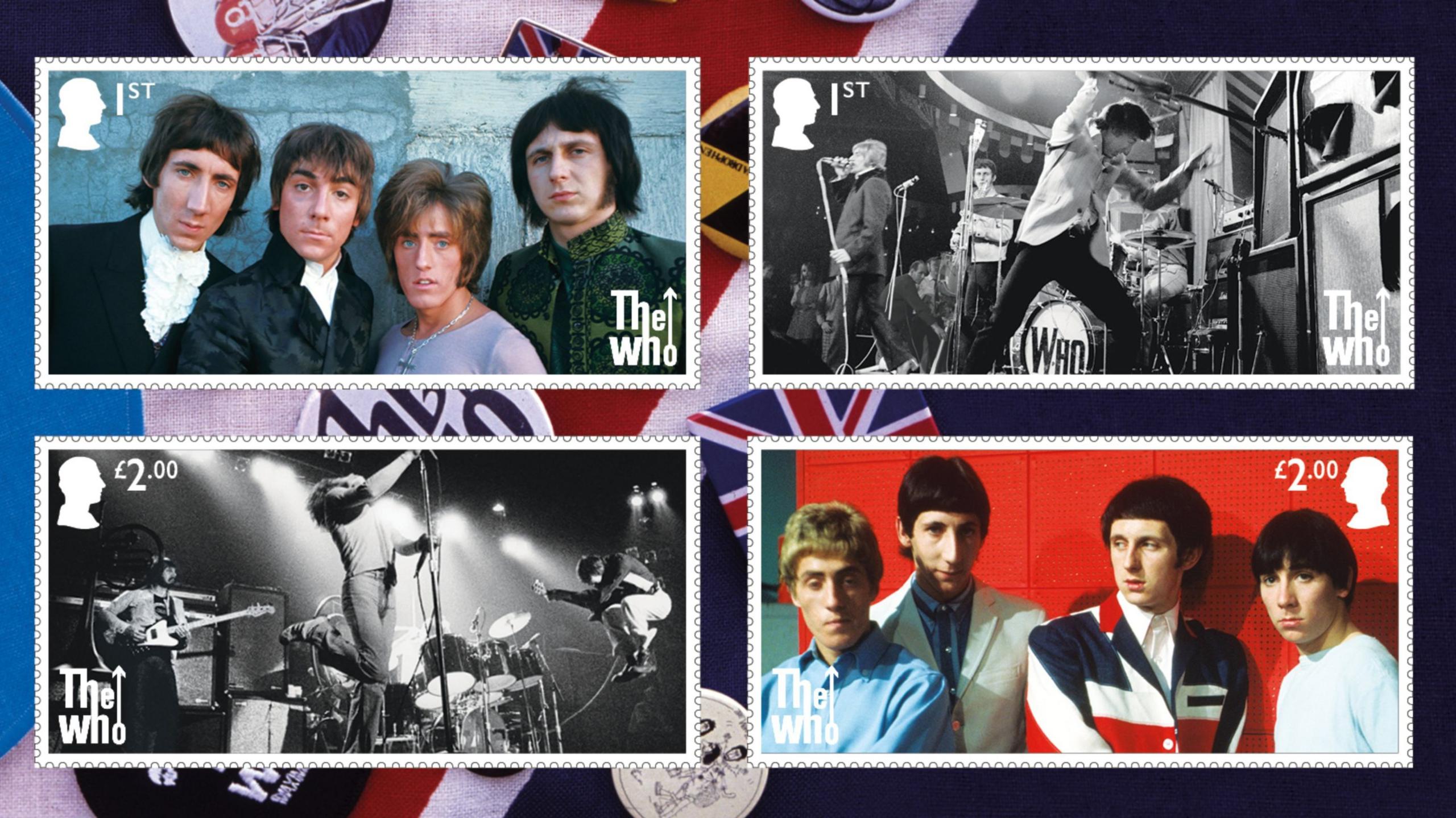 There are four stamps which feature two group publicity shots and two images of the band's live performances at the Marquee Club in London in 1967 and the Kings Hall in Belle Vue, Manchester, in 1973.