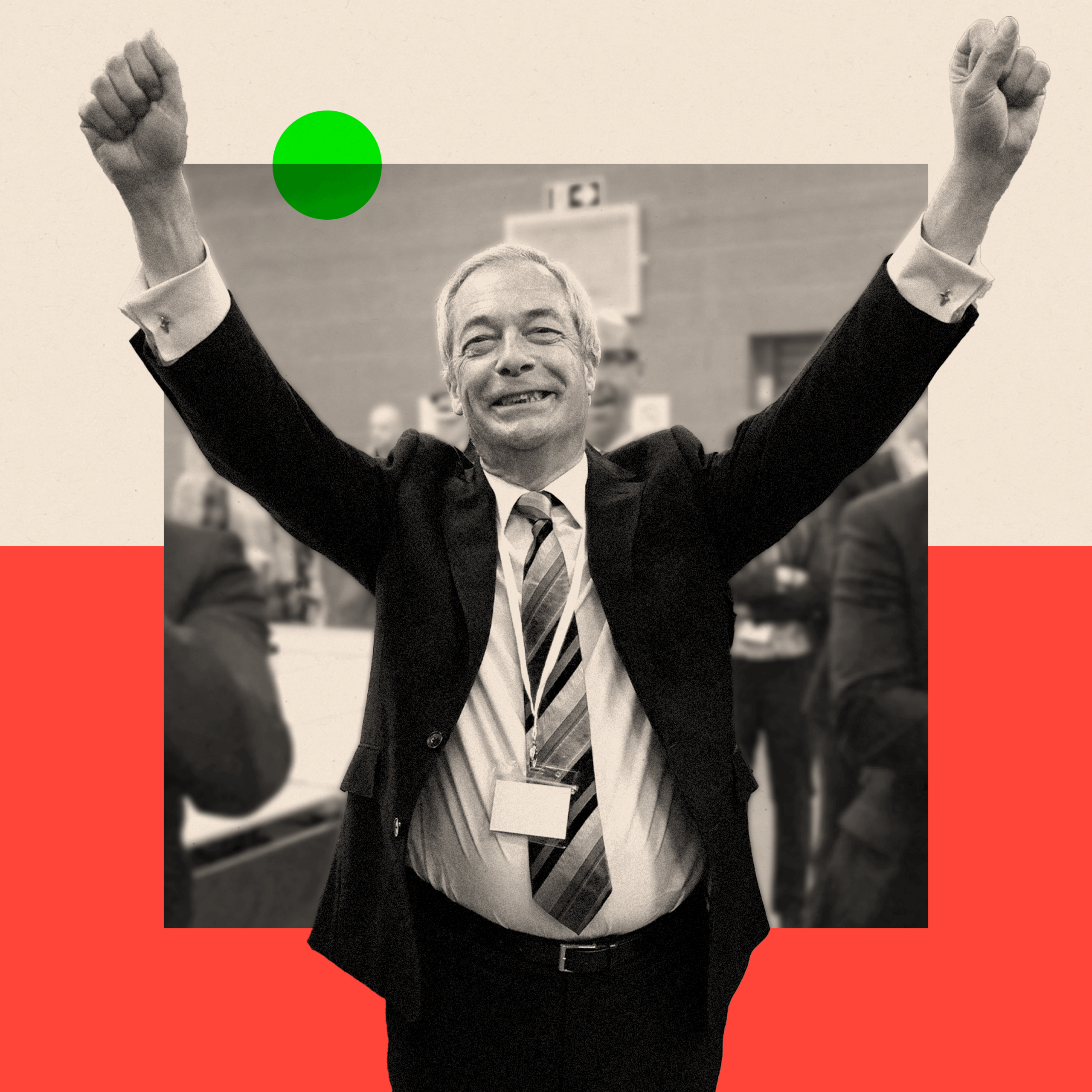 A treated image of Nigel Farage with his arms raised