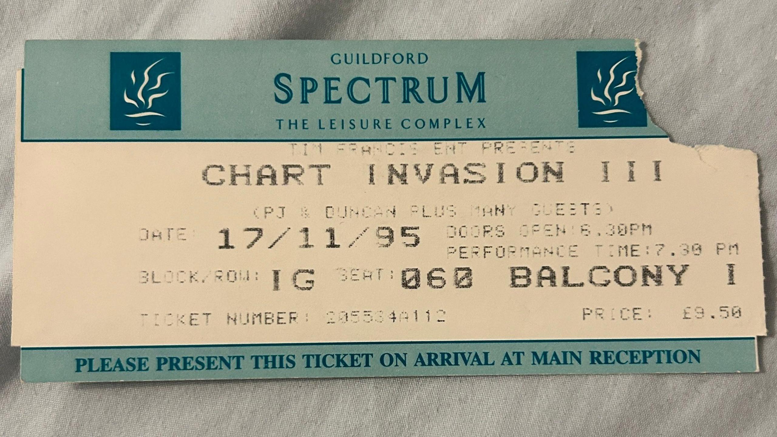 A ticket for a concert called Chart Invasion III which has the Guildford Spectrum name and logo at the top, a date of 17th November 1995 and a start time of 19:30. It is priced at £9.50 and is a balcony ticket