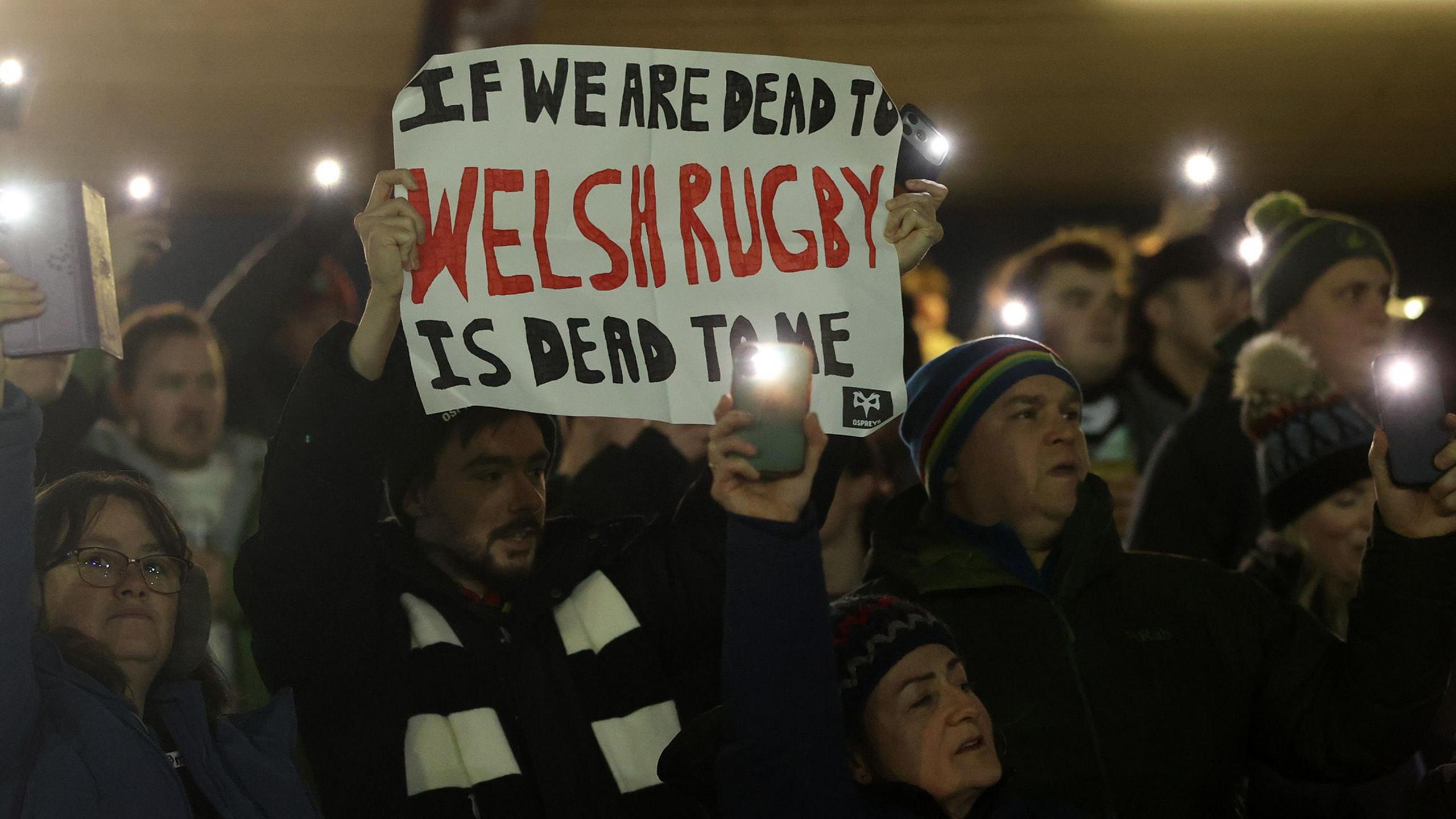 Ospreys supporters protest against owners Y11 Sport and Media and Welsh Rugby Union