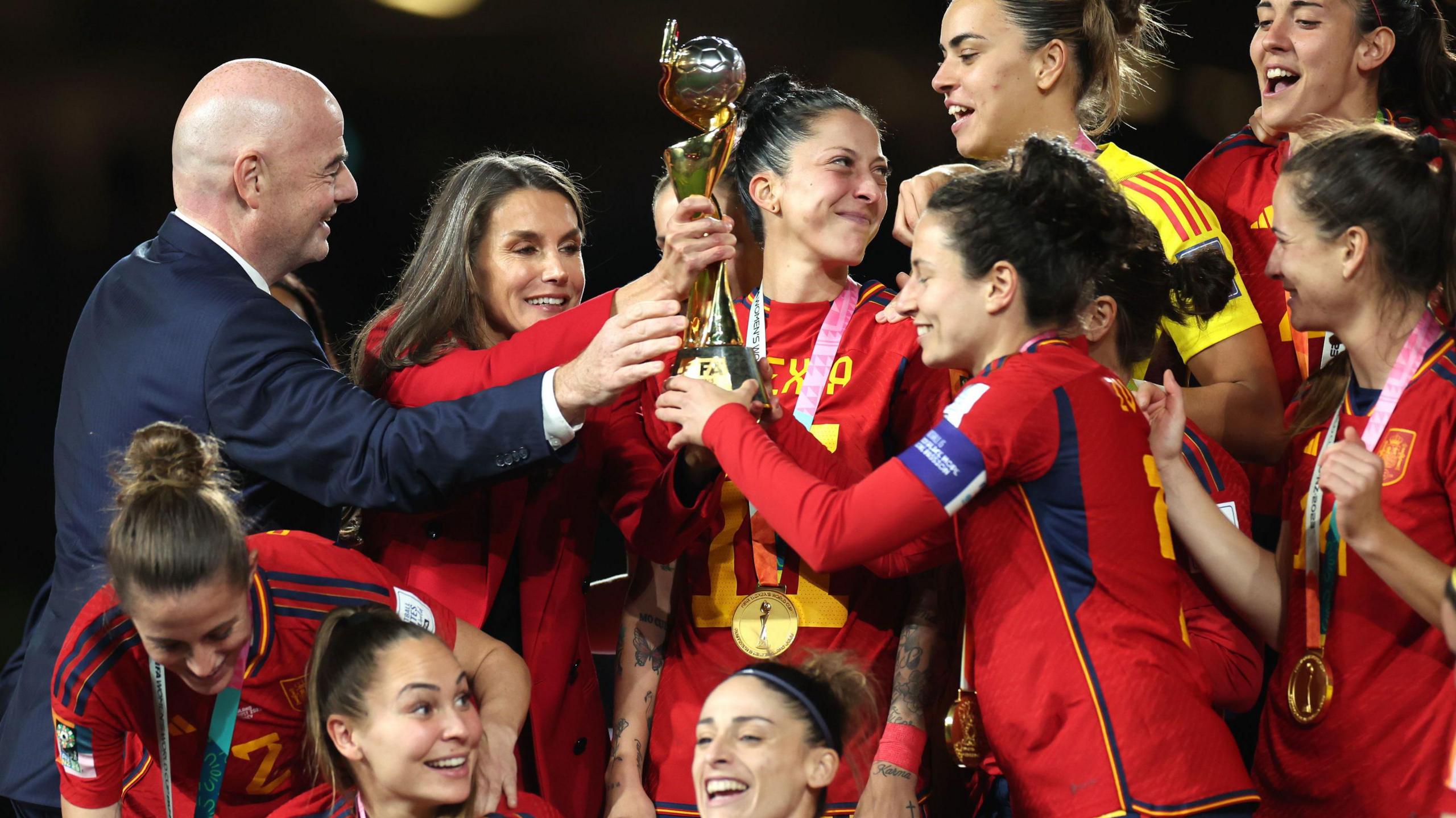 Spain receive the trophy from Fifa President Gianni Infantino and Queen Letizia of Spain after the FIFA Women's World Cup final match at Stadium Australia, Sydney.