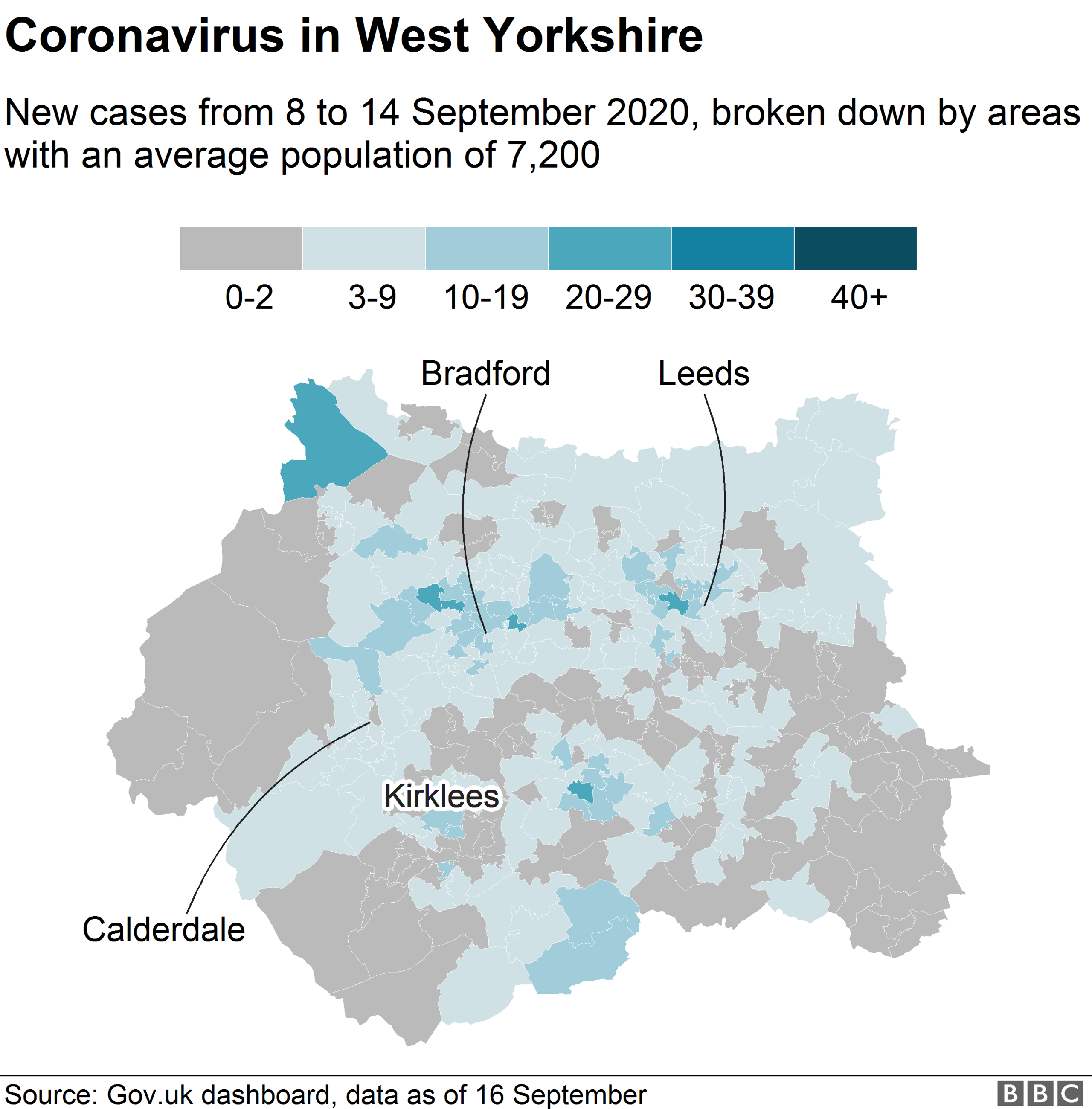 Map showing coronavirus cases in West Yorkshire