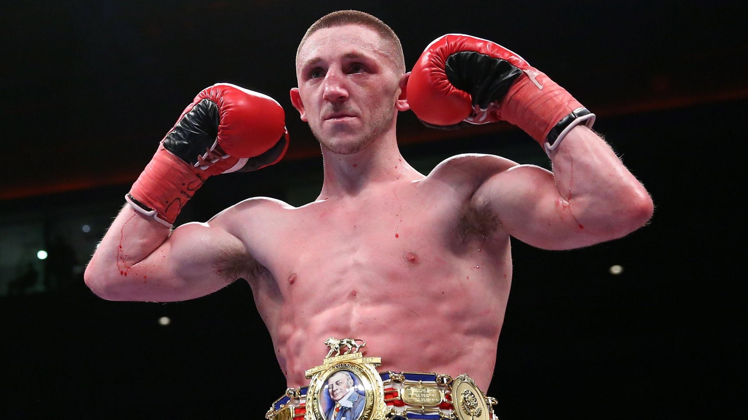 Jazza Dickens celebrates his win over Josh Wale to claim the Vacant British Super-Bantamweight Championship 