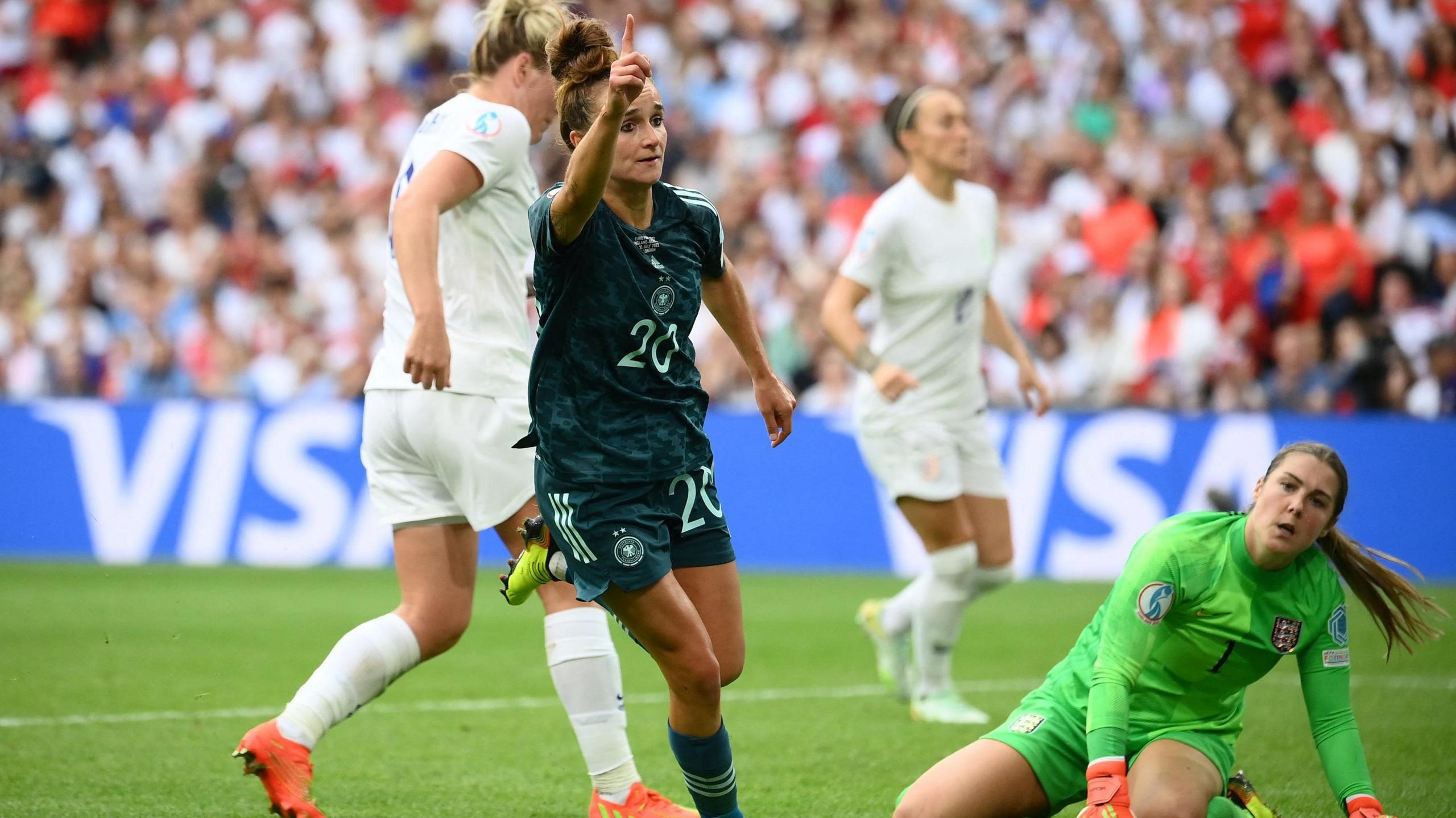 Lina Magull celebrates scoring against England at Wembley in the Euro 2022 final