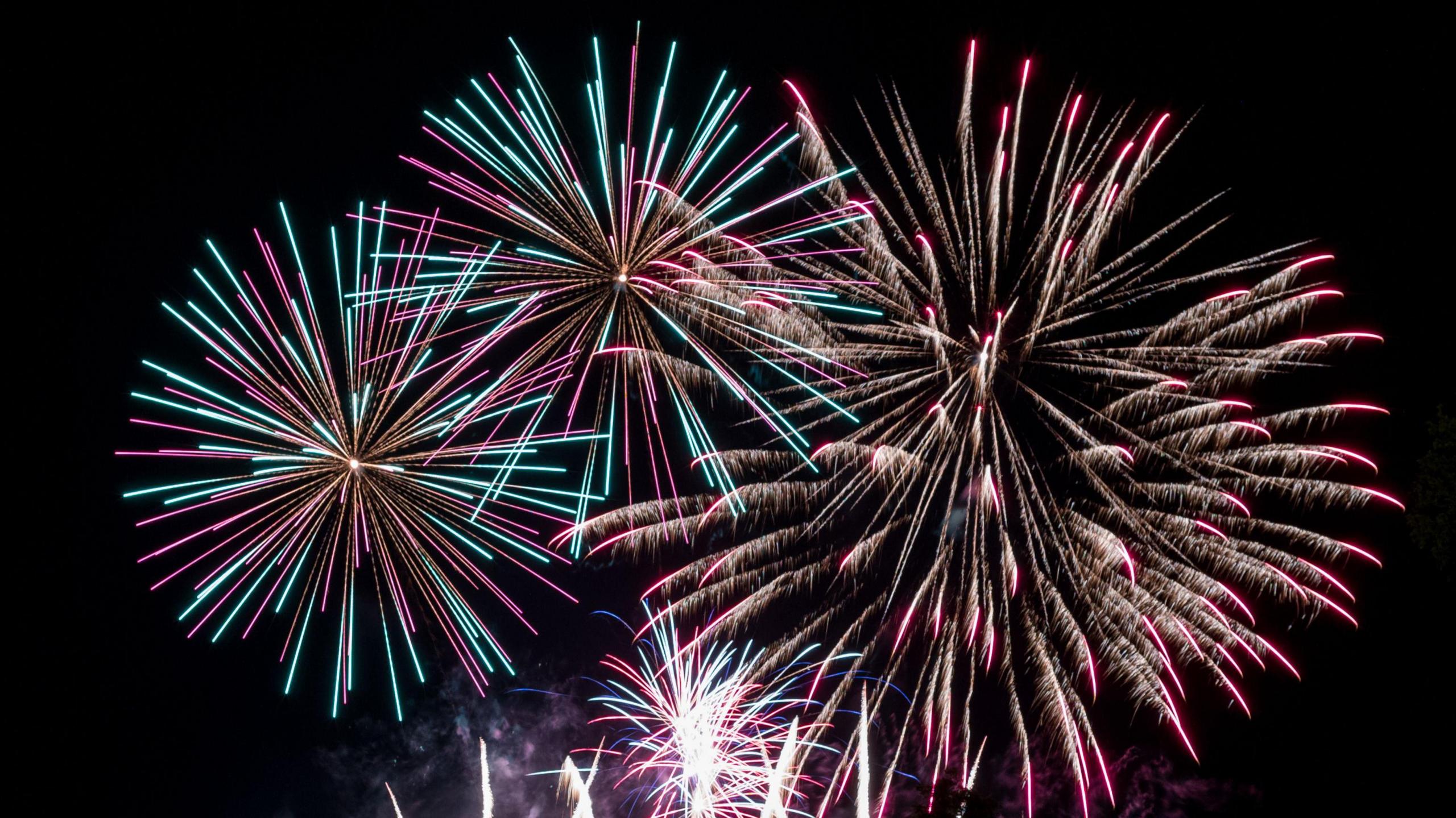 A stock image of pink and purple fireworks in a dark sky