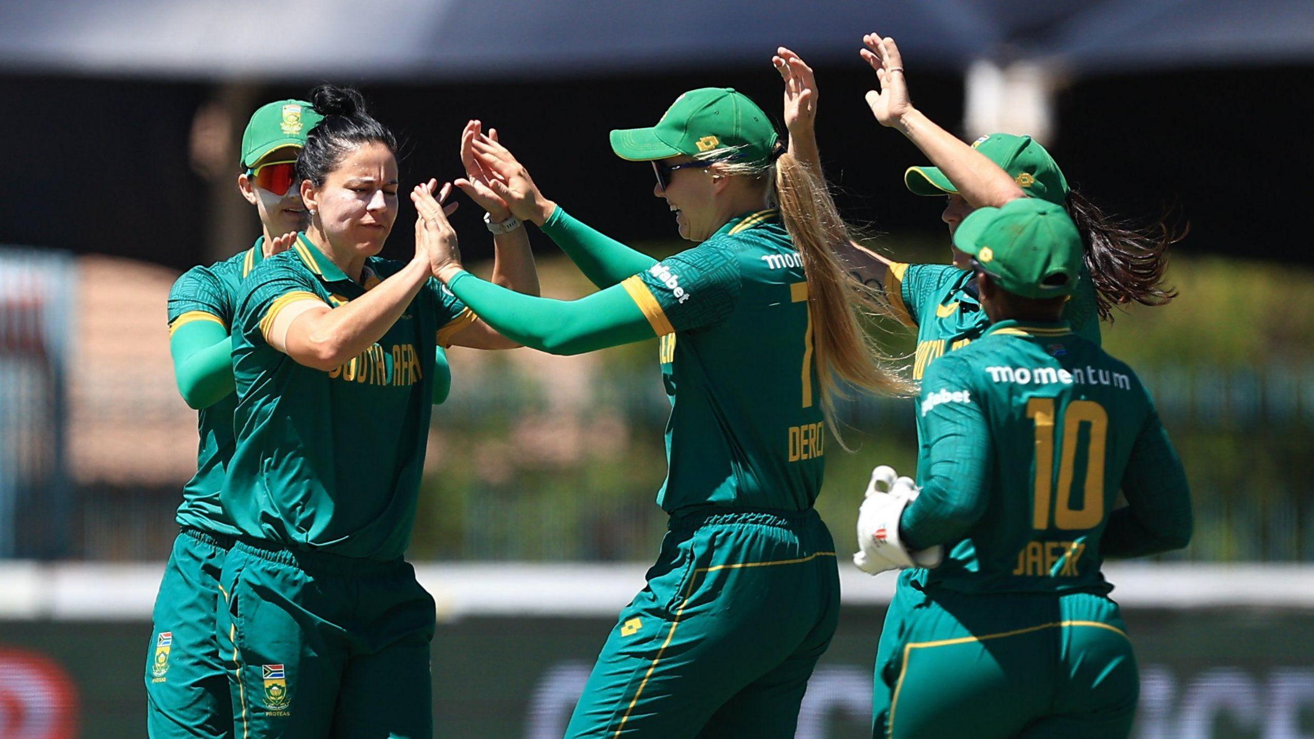 South Africa players celebrate a wicket