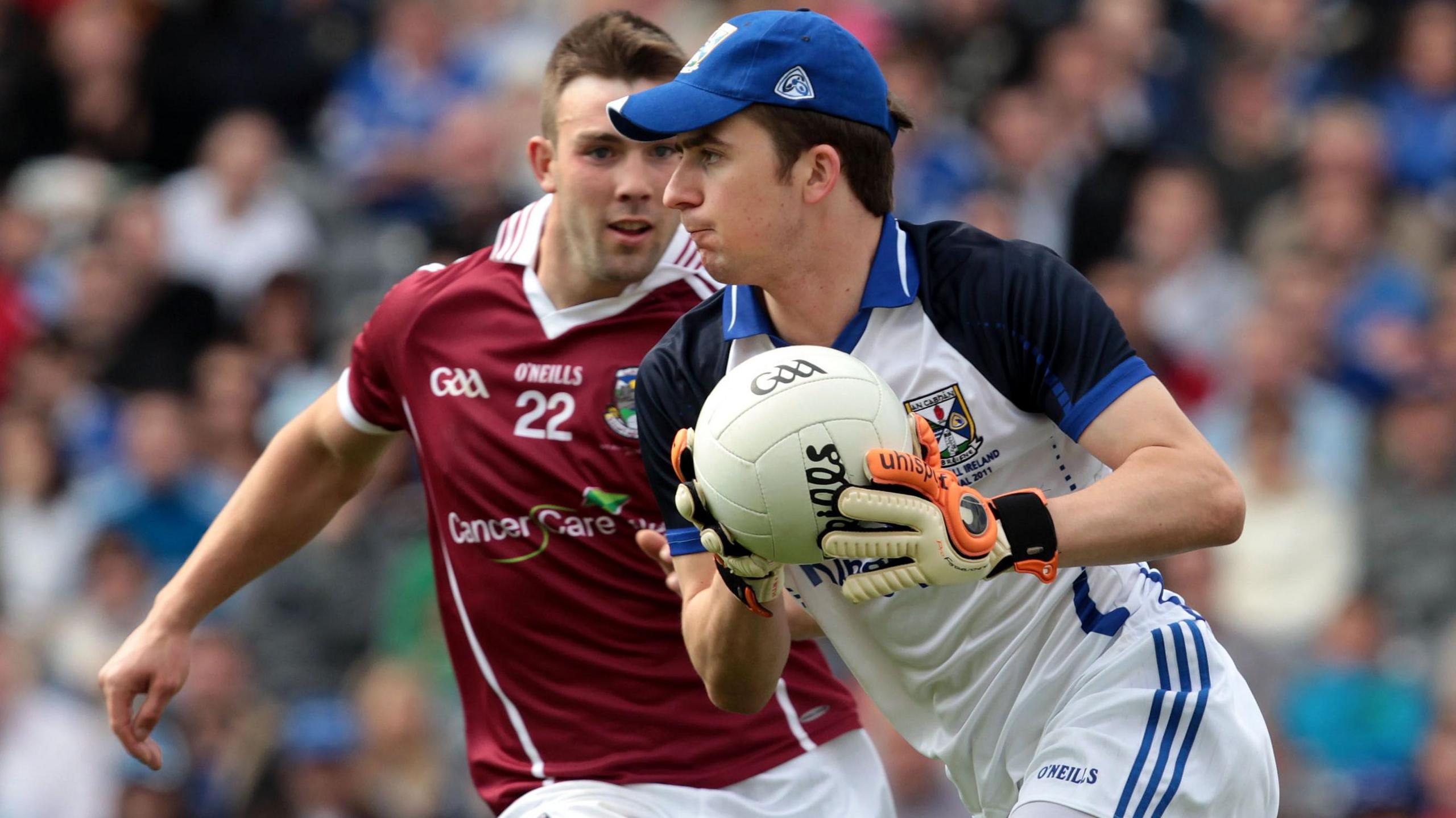 Alan O'Mara is challenged by Galway's Adrian Murphy in the U21 All-Ireland final in 2011  