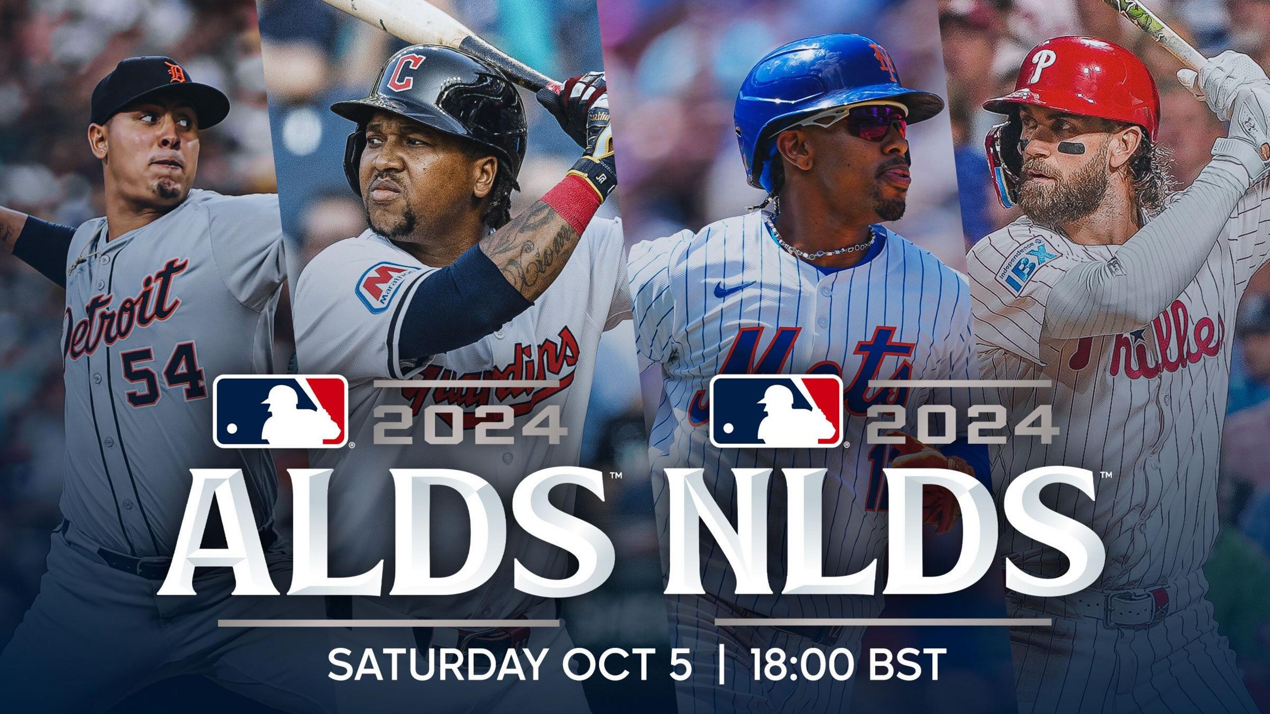 Graphic featuring four MLB players which shows that BBC's MLB coverage starts at 18:00 BST on 5 October