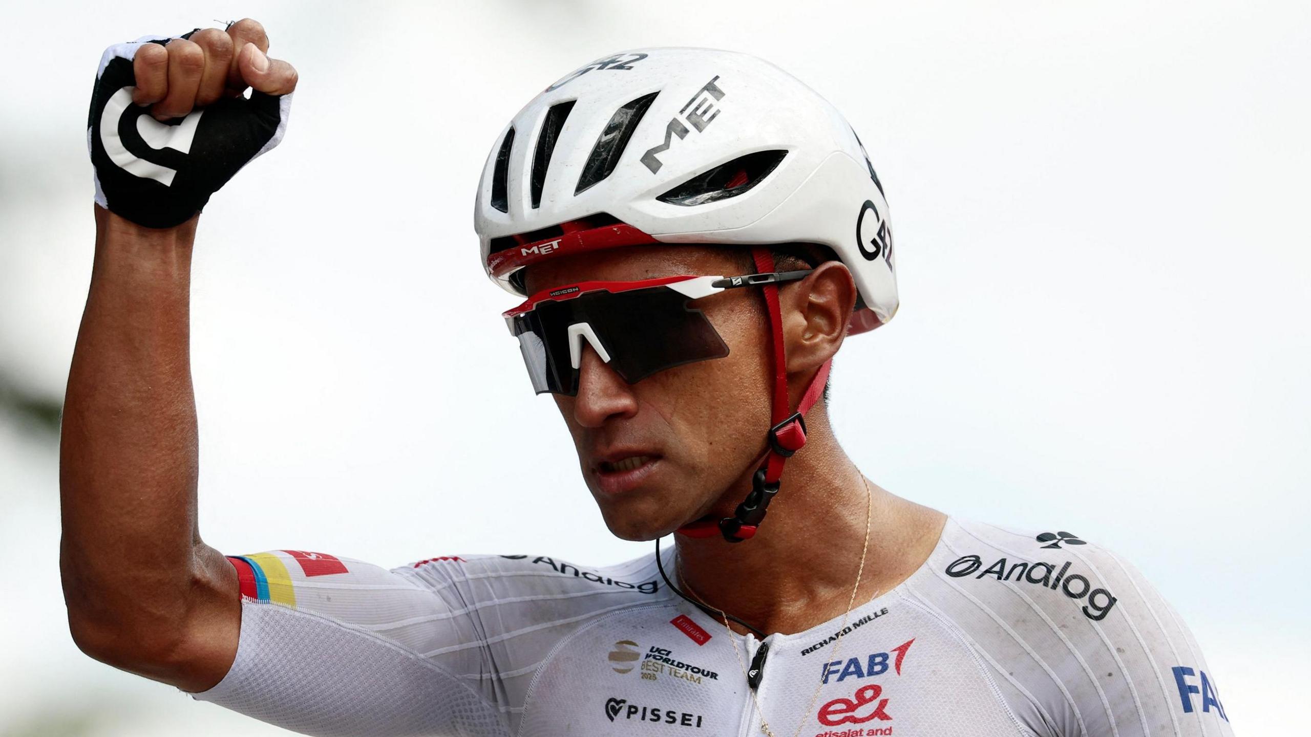 Ecuador's Jhonatan Narvaez holds his are up as he celebrates winning stage eight of the Giro d'Italia