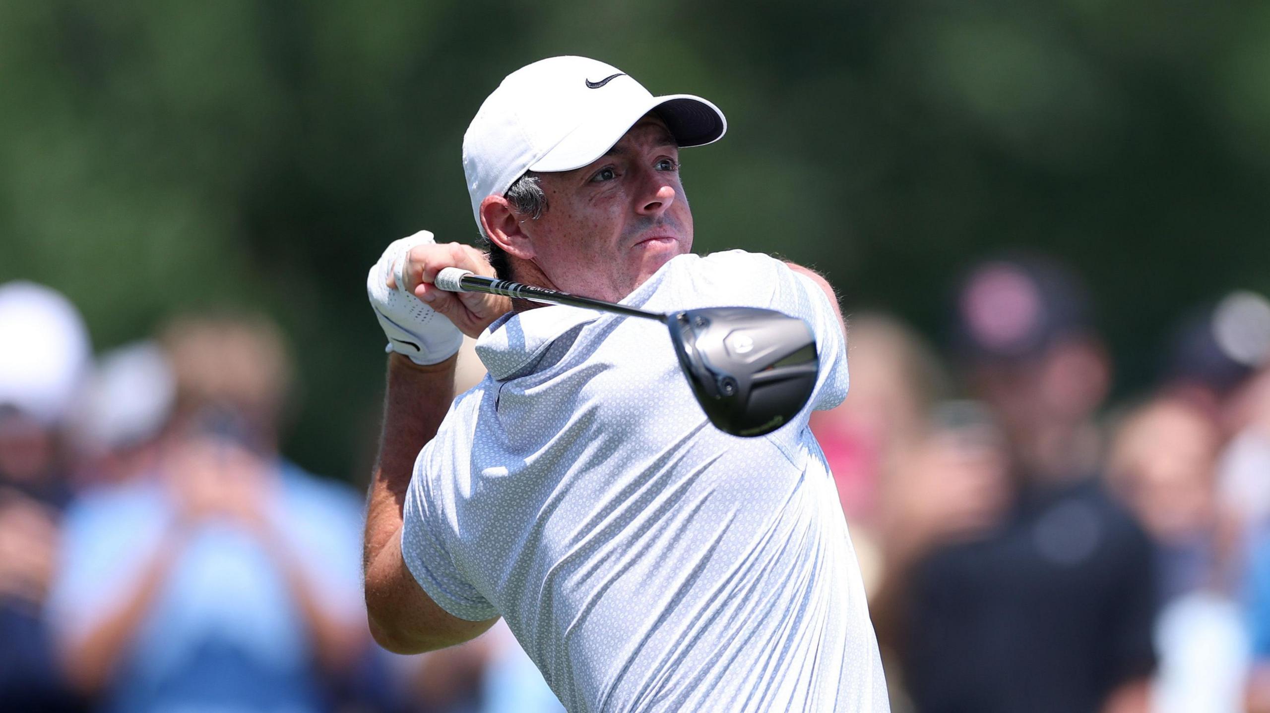 Rory McIlroy at the end of his swing