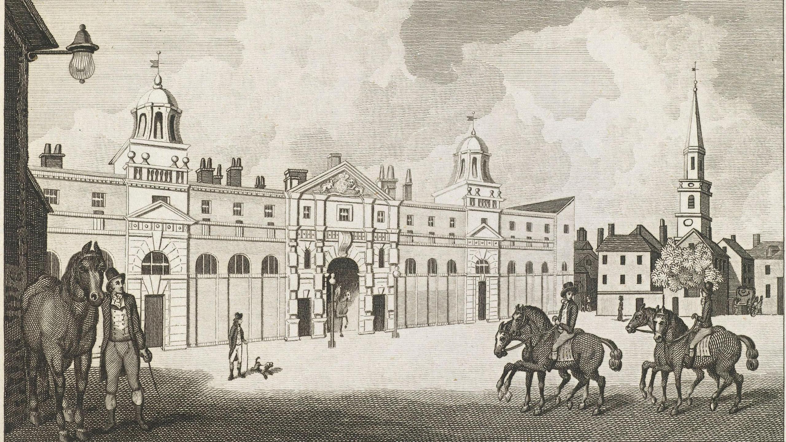 A drawing of a building with towers and an ornate frontage, with men riding horses in front of the building and other people standing around. 