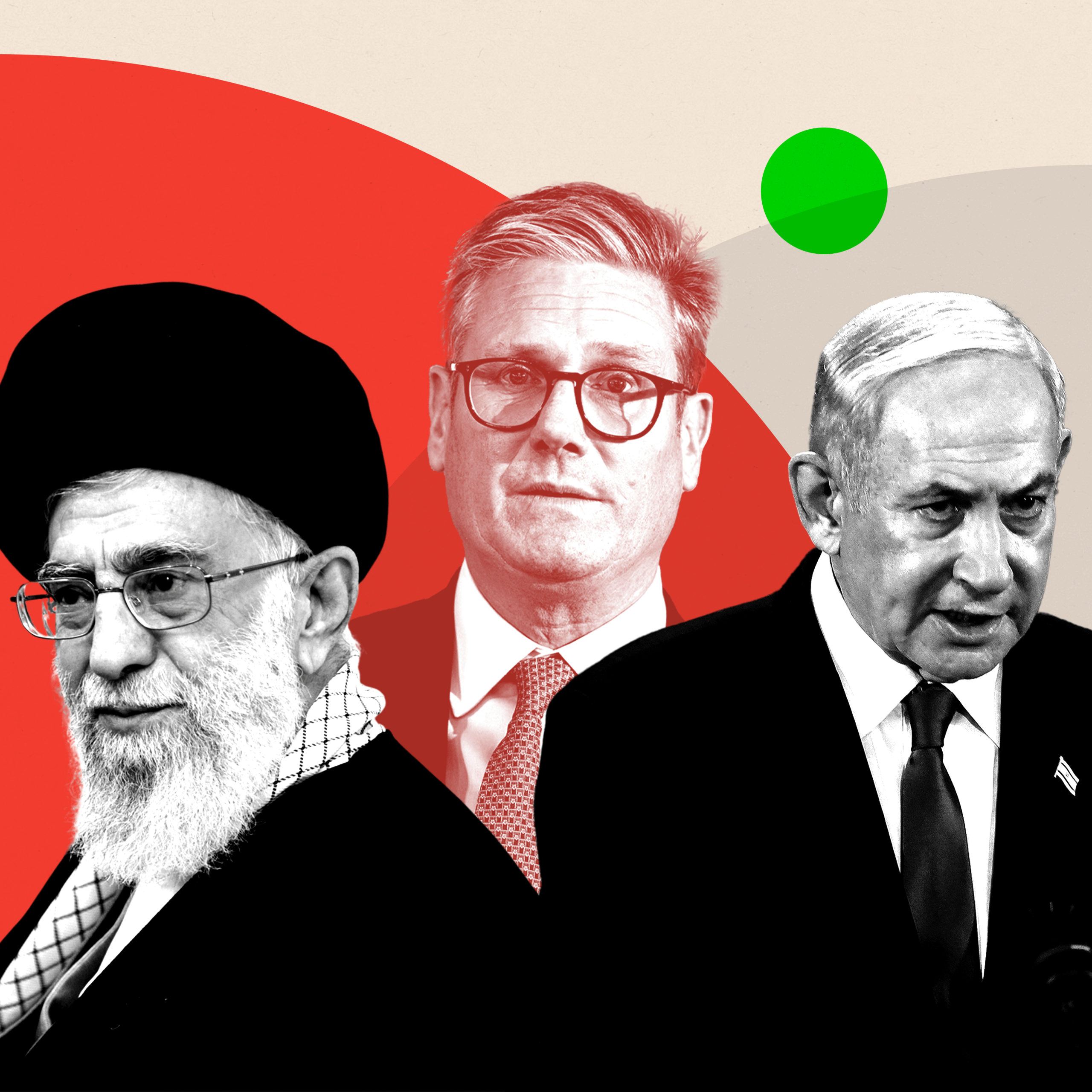 Montage image of Ali Khamenei, Keir Starmer and Benjamin Netanyahu
