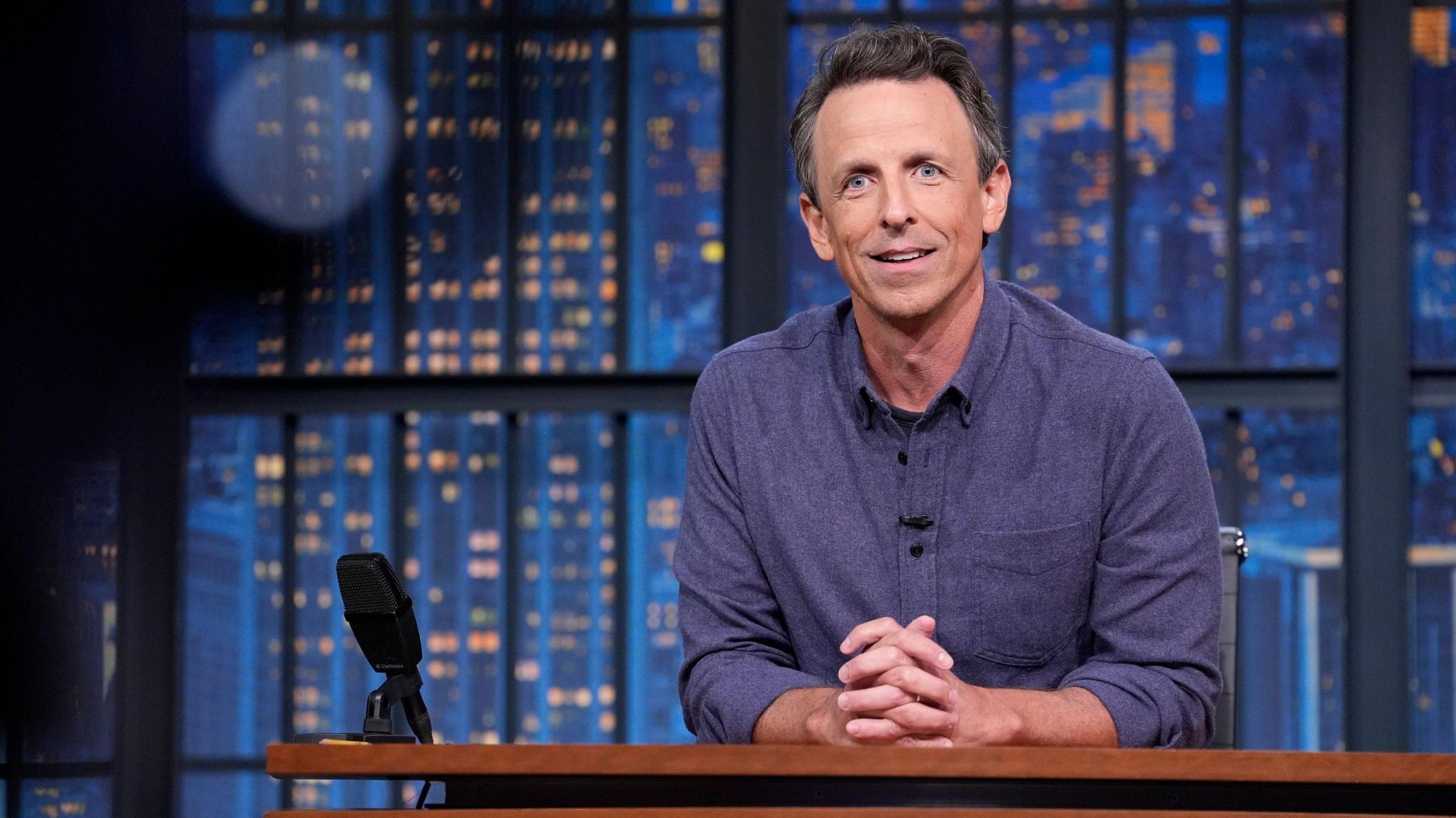 Seth Meyers speaking behind his desk on his Late Night show on Thursday 18 September 2025