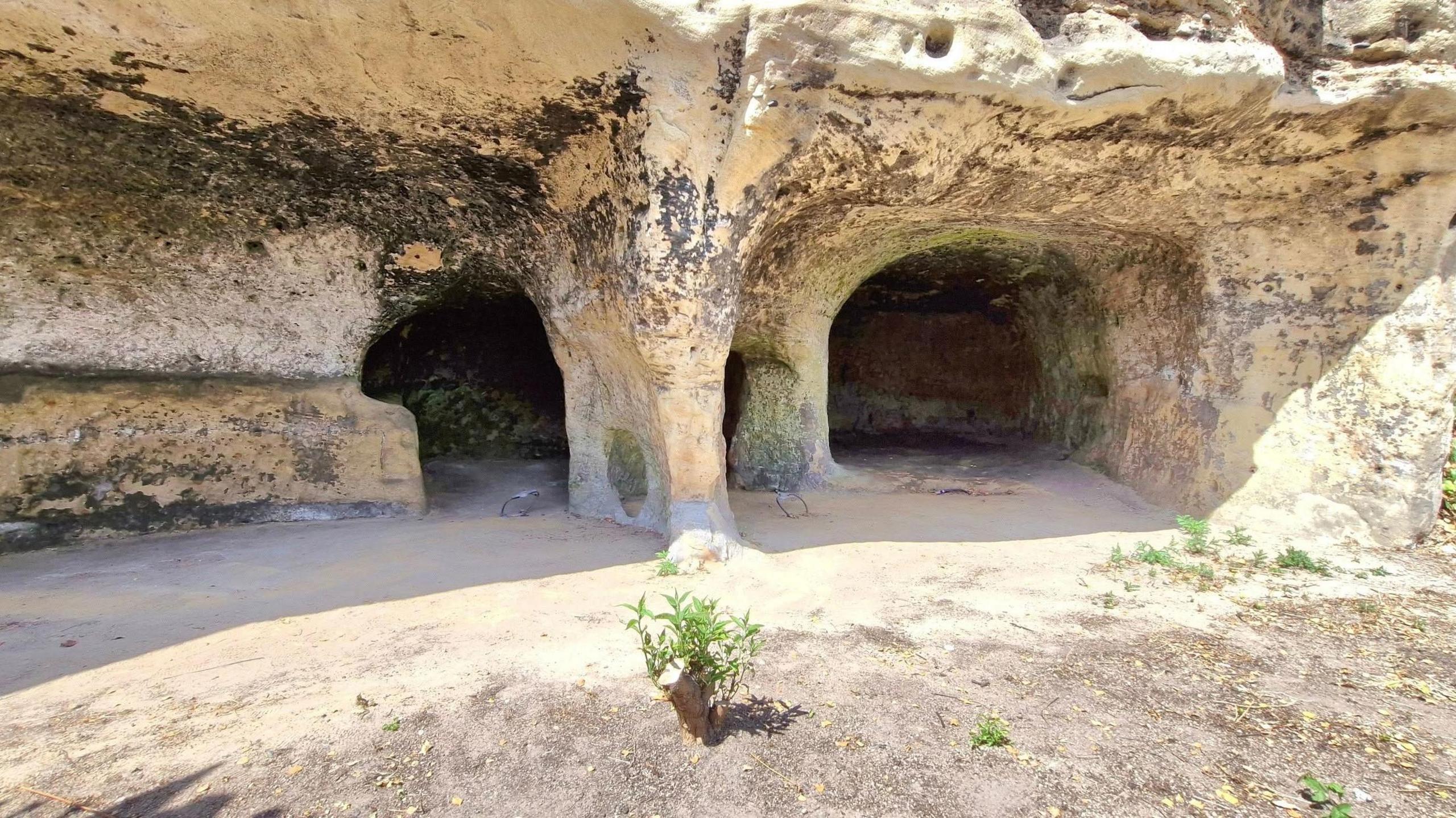 Two caves, cut into pale sandstone cliffs, with a level area in the foreground
