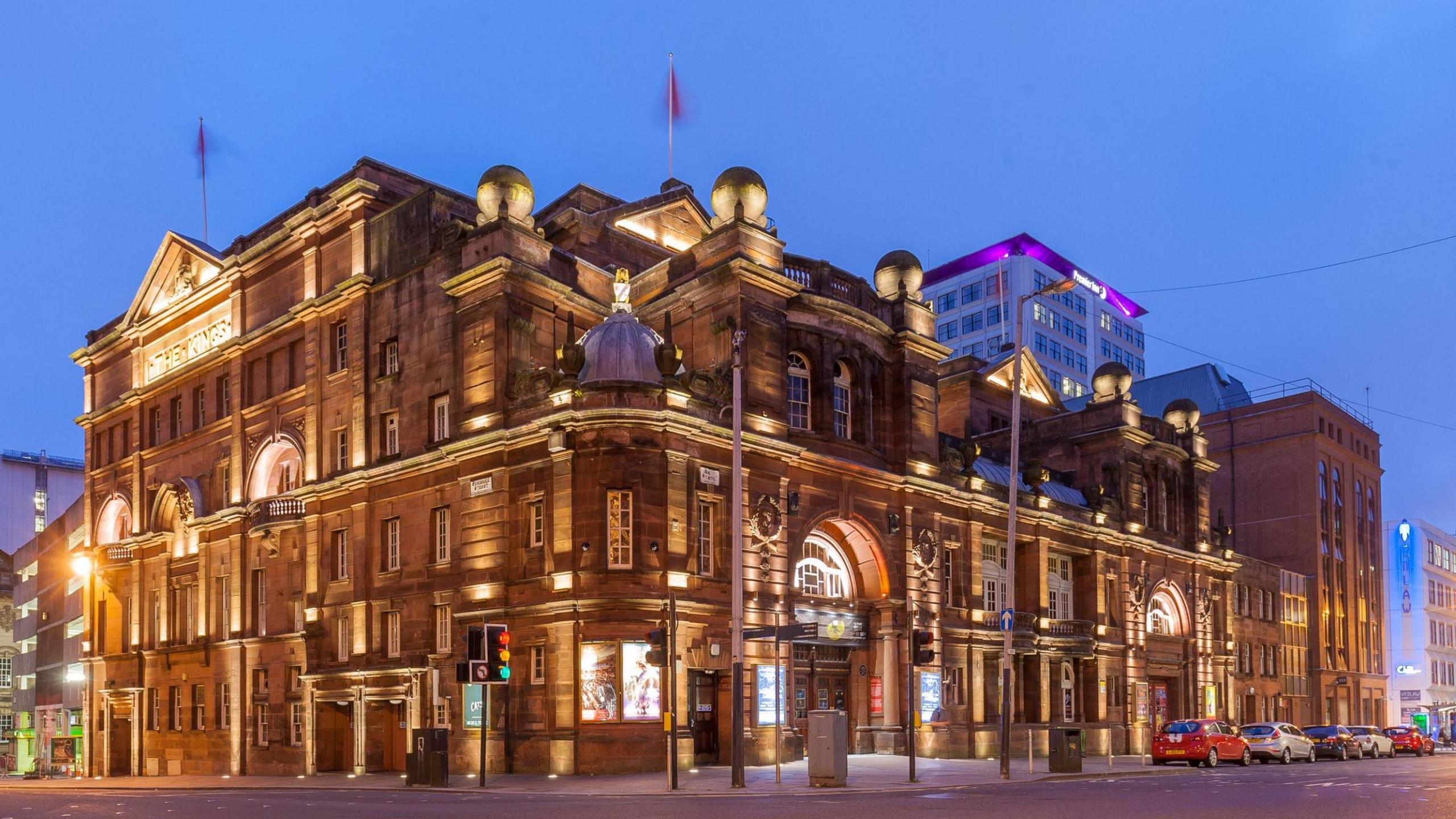 The King's theatre as seen from the opposing street, lit up at night