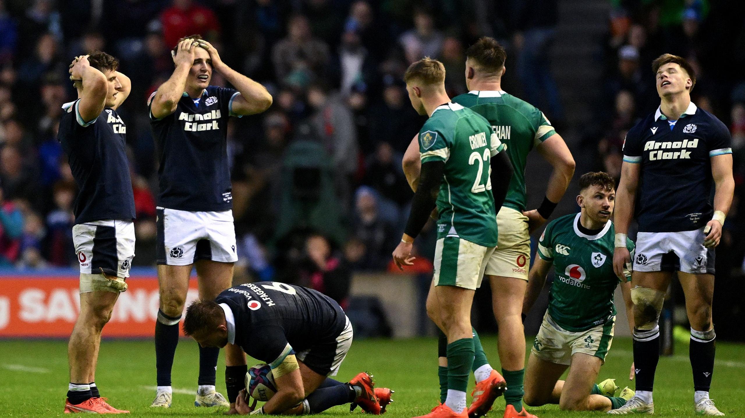 Scotland players look dejected during their Six Nations loss against Ireland 