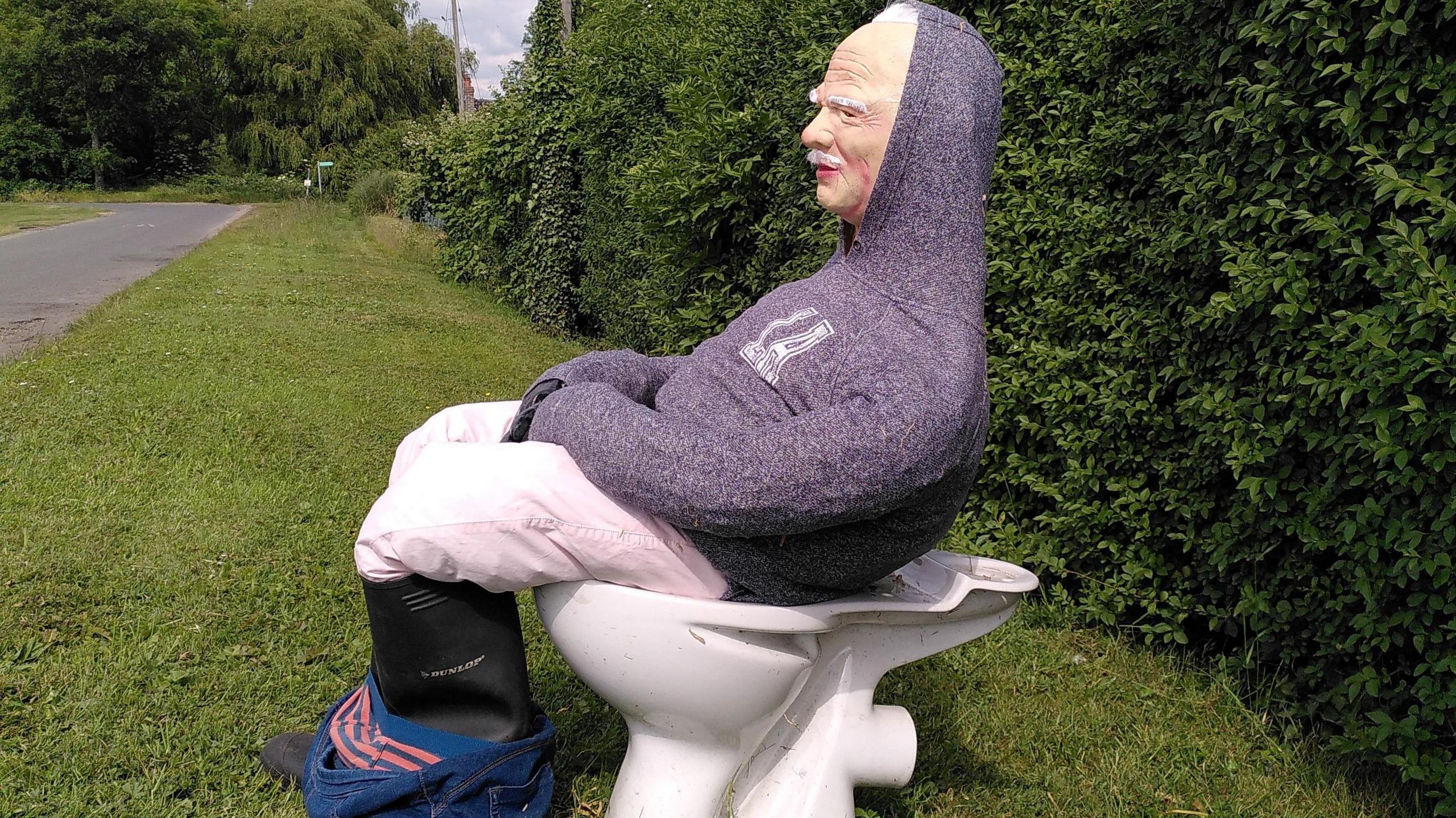 Scarecrow of Einstein sitting on a toilet