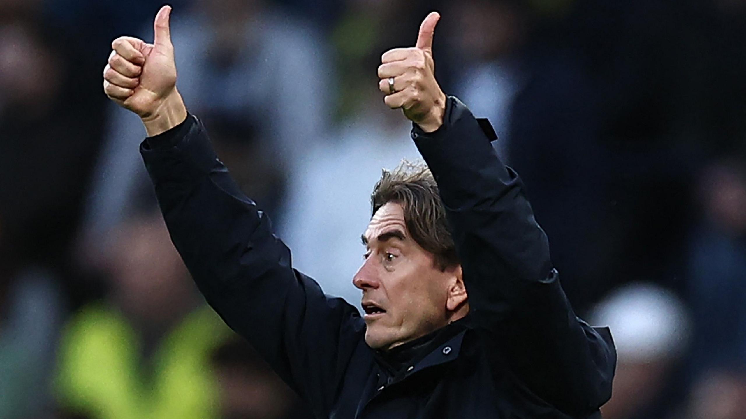 Thomas Frank gestures on the touchline