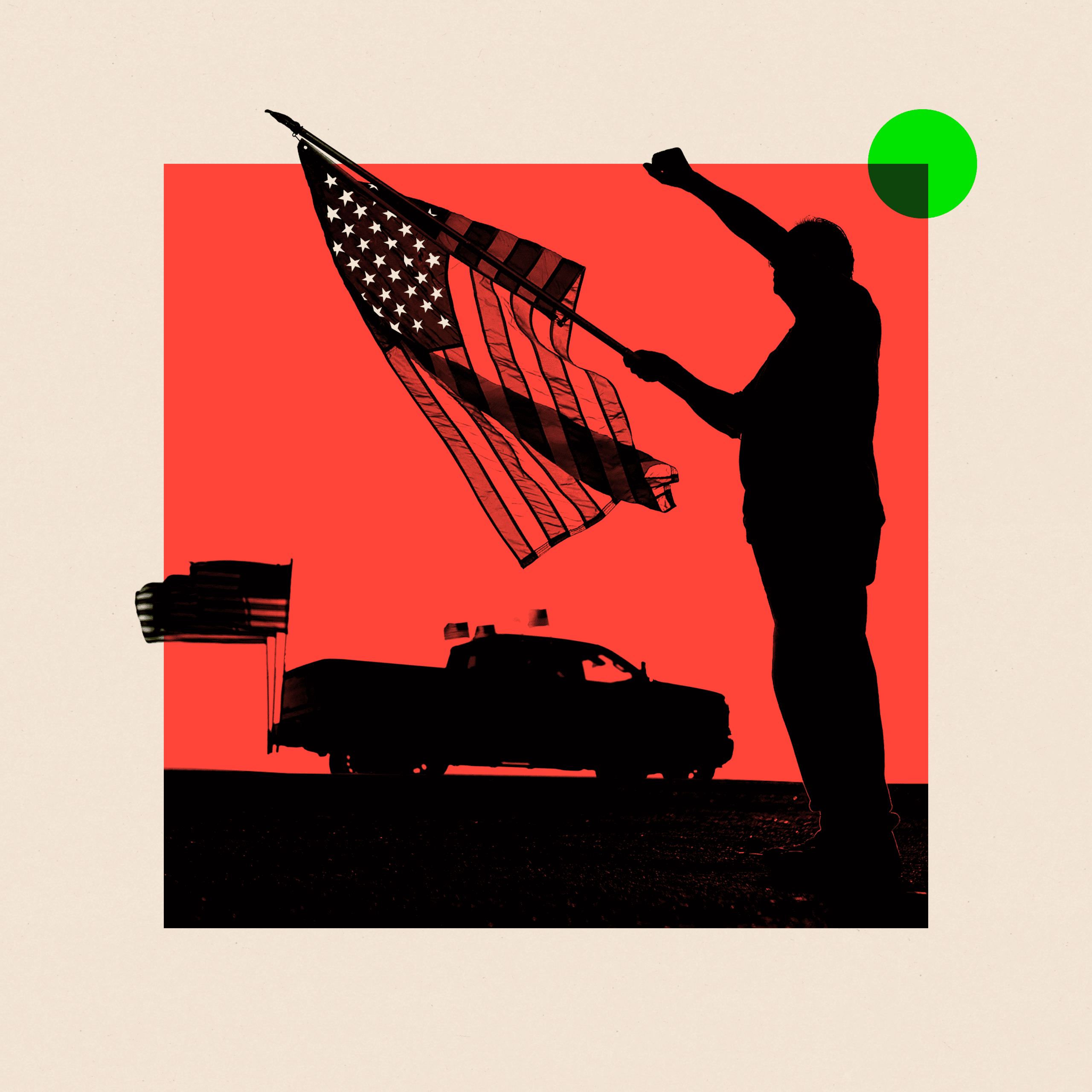 A treated image of a man holding a US flag raising a fist at a rally in memory of Charlie Kirk 
