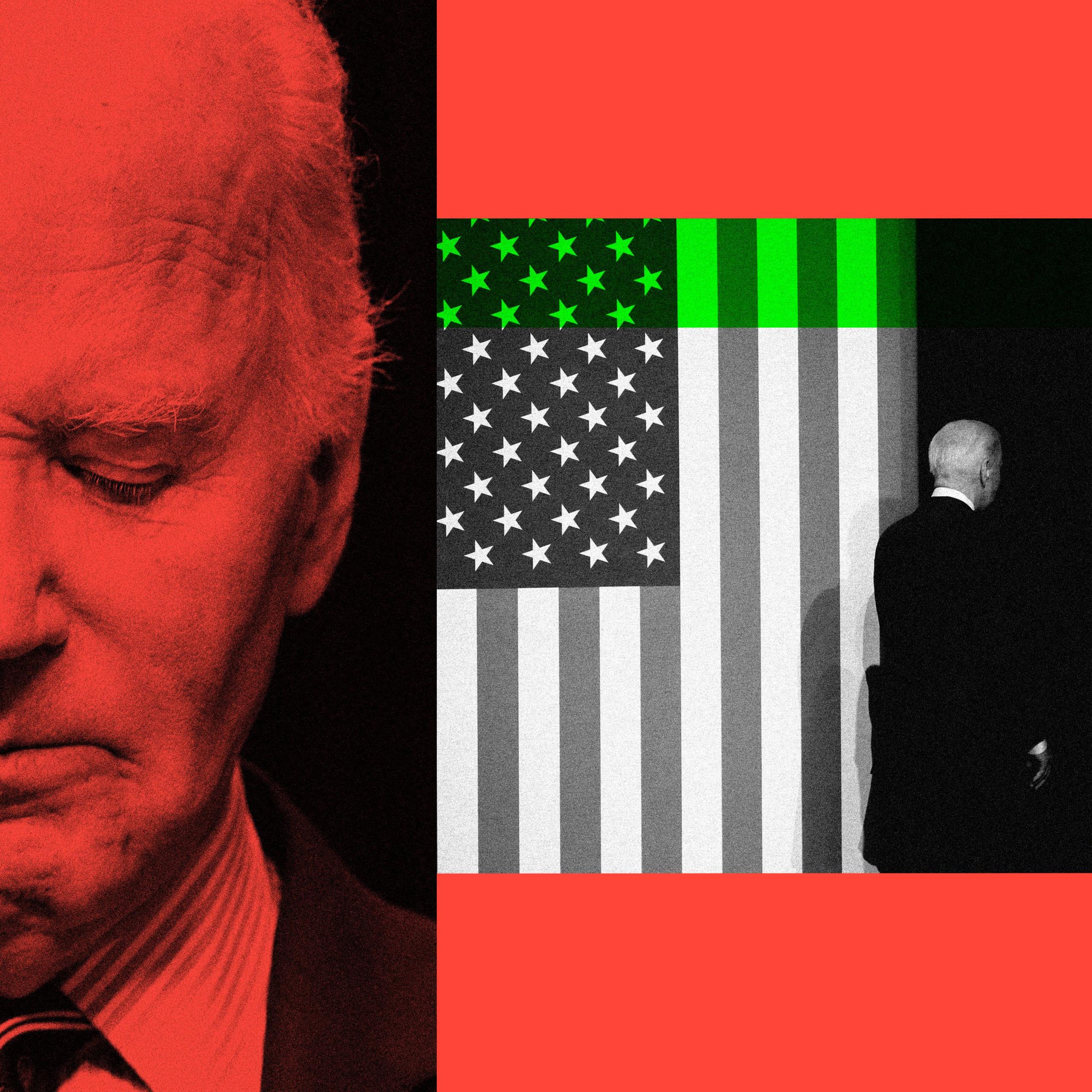 A montage image showing Joe Biden looking down, with a red filter, and then a picture of Joe Biden walking off stage with a US flag in the background