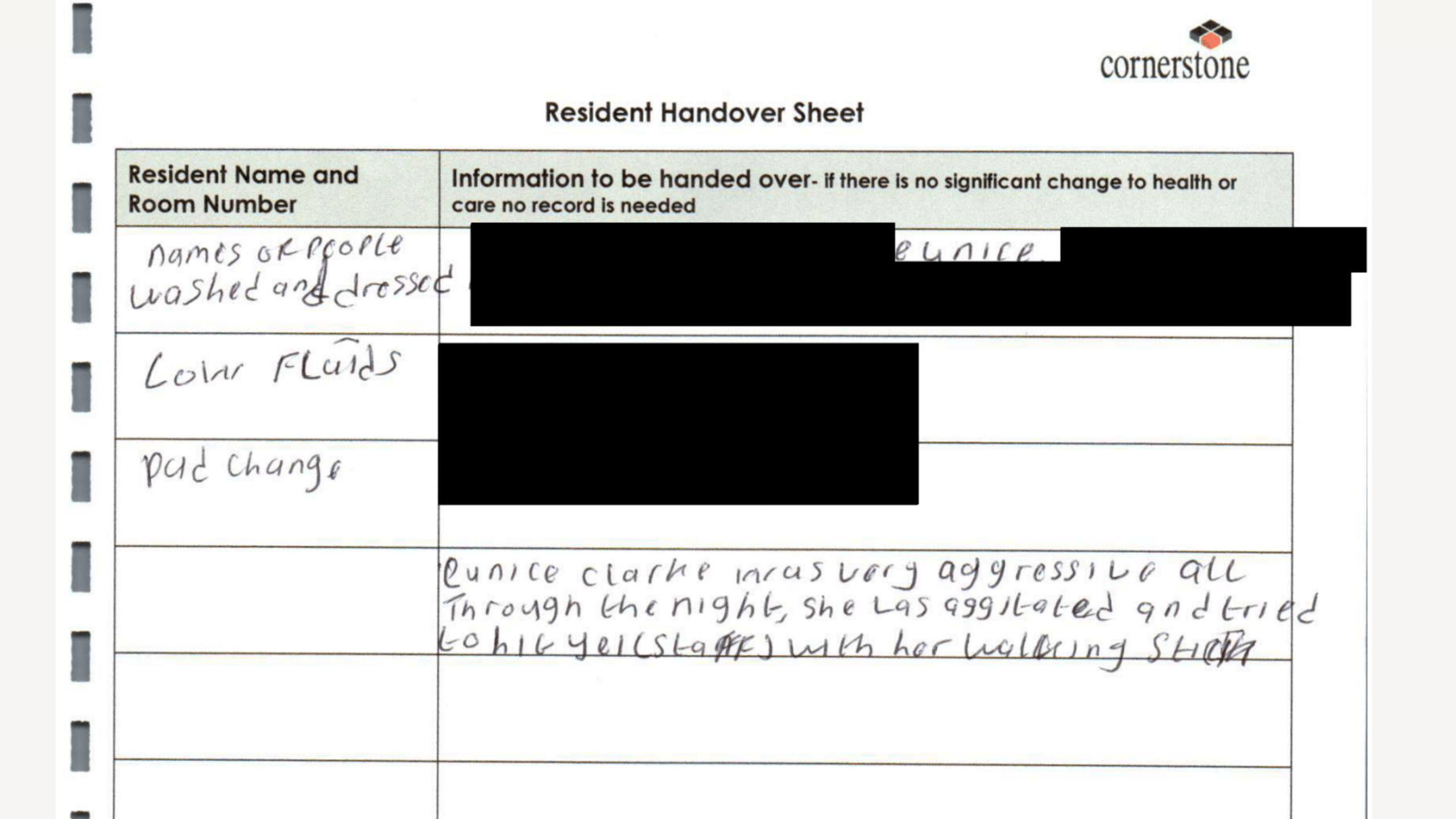 The picture shows handwritten handover notes from staff at the Ridgeway Lodge care home. They detail a previous incident of violence involving Mrs Clarke 