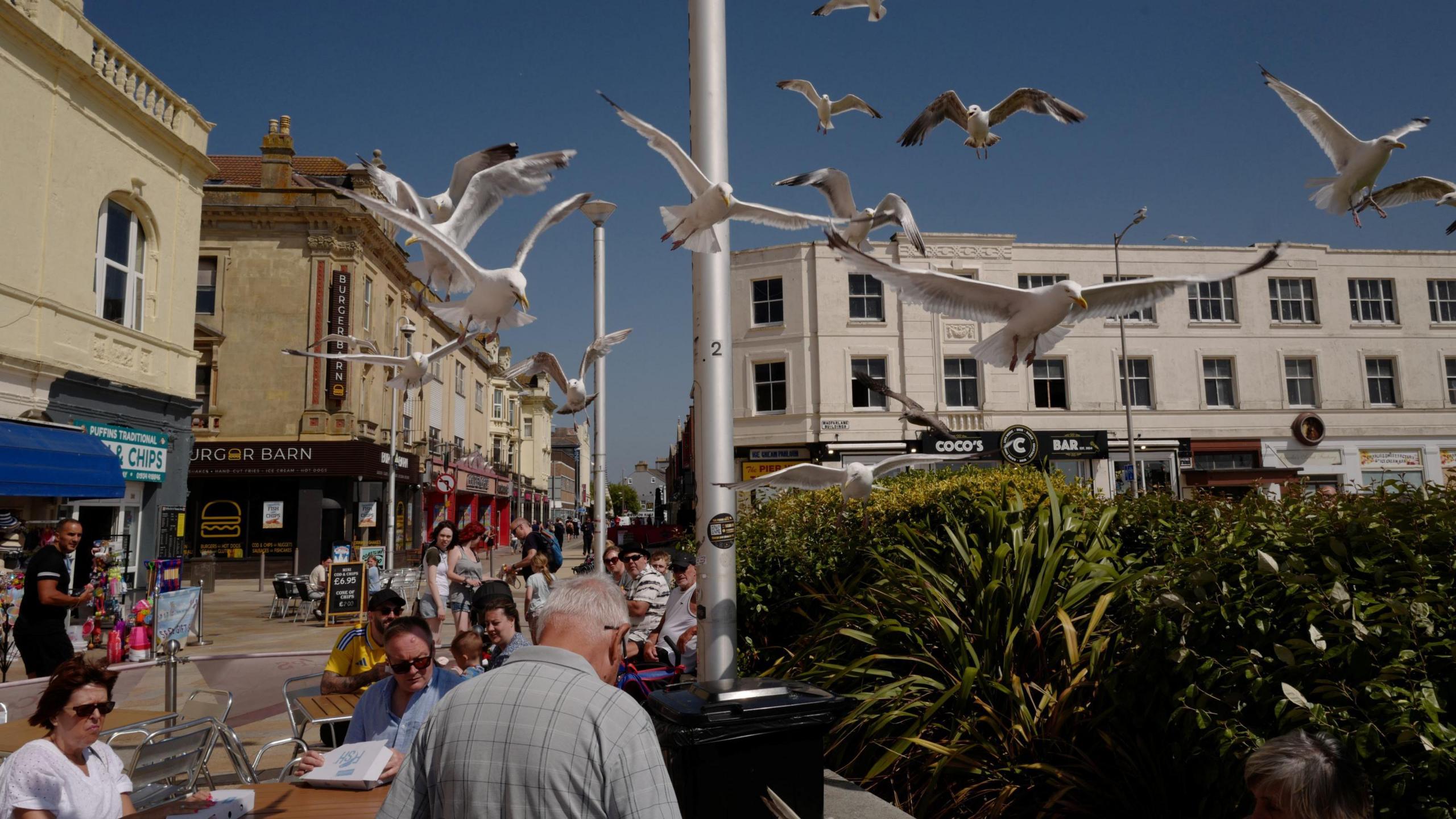 A group of gulls hover just above people walking near the seafront in Weston-super-Mare. It is a sunny day with blue sky overhead