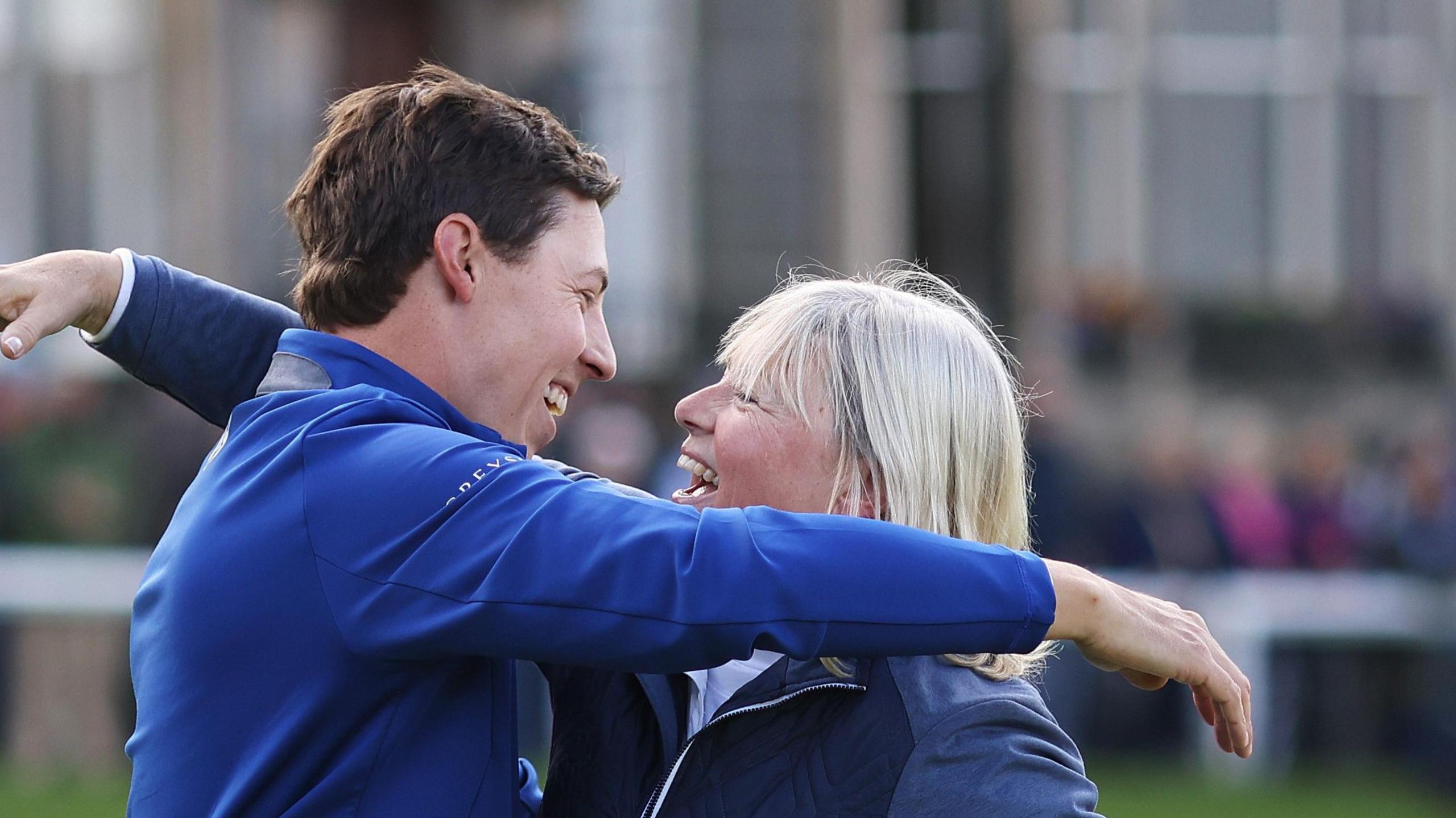 Matt Fitzpatrick hugs his mother Susan at the 2023 Dunhill Links Championship