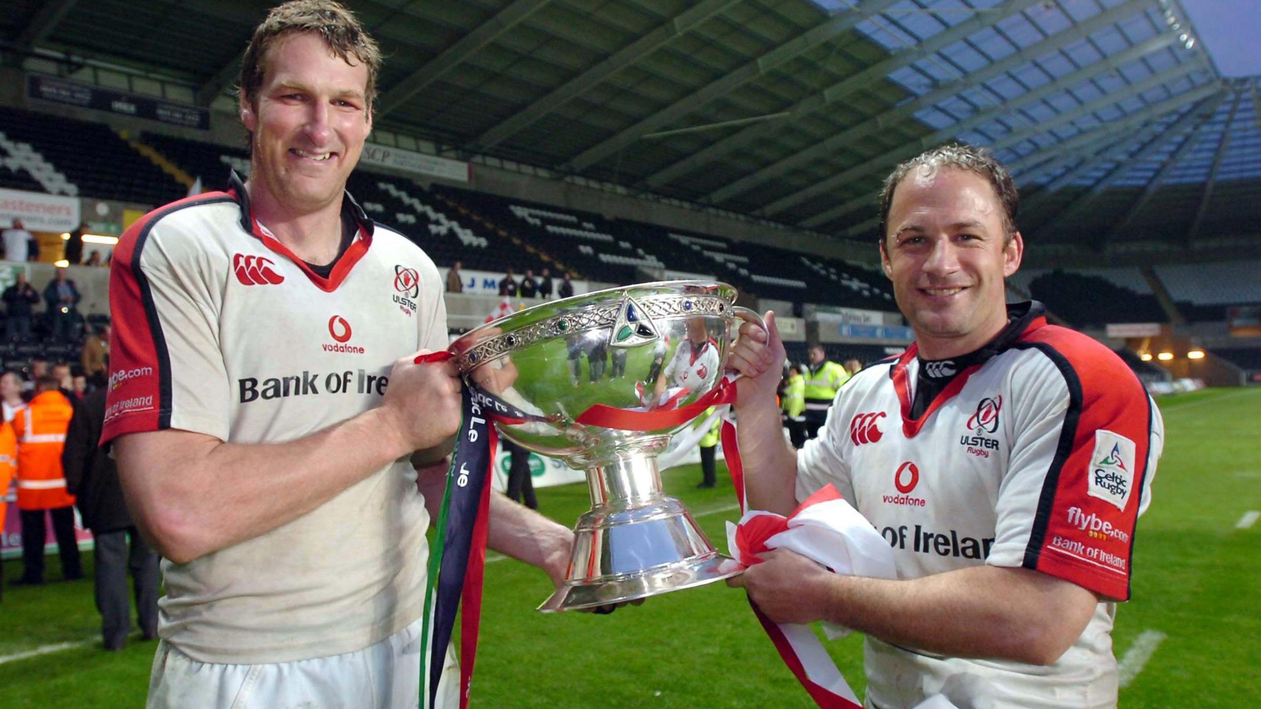 Justin Harrison and David Humphreys celebrate winning the Celtic League in Swansea
