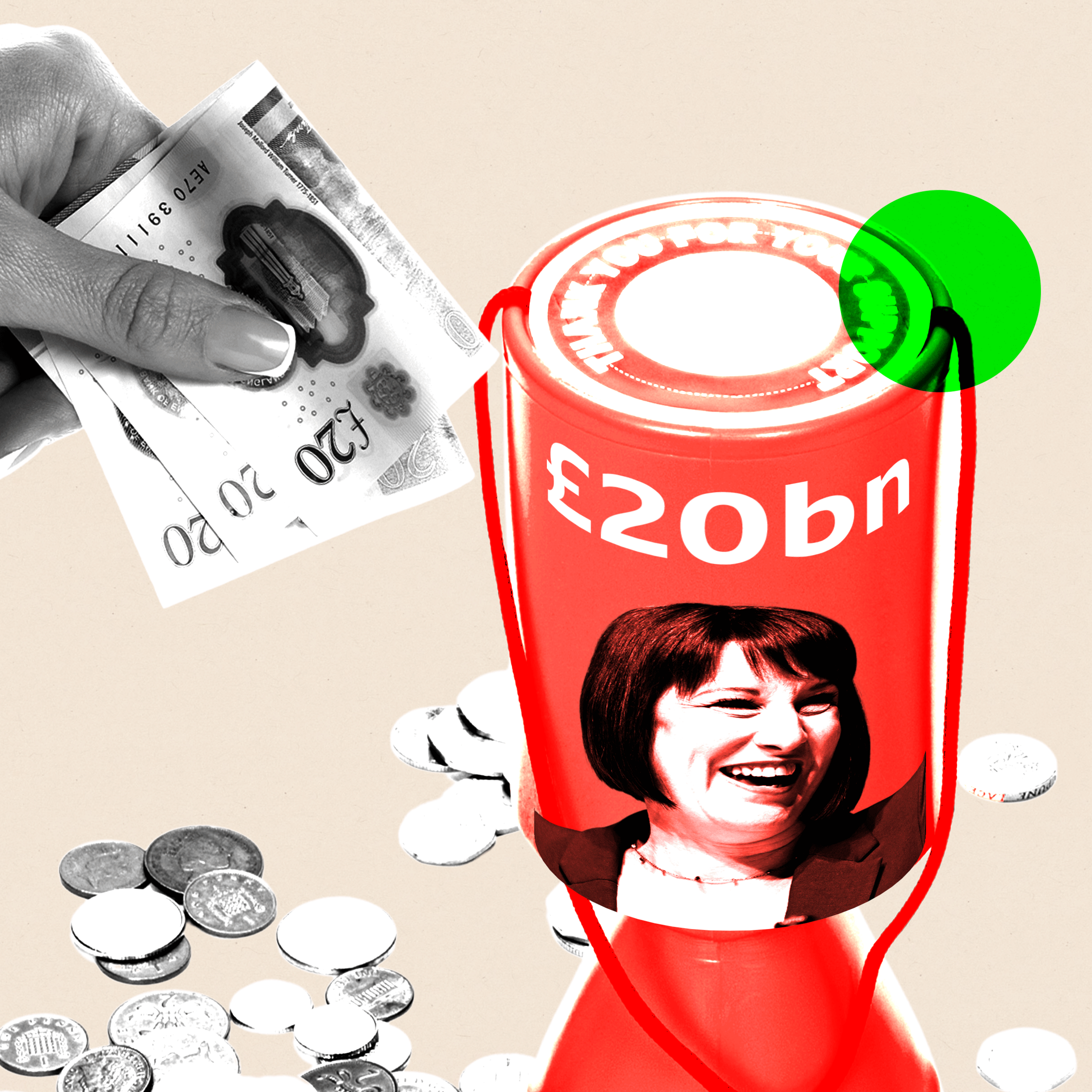 Montage image showing a hand putting two £20 notes into a collecting tin with the words £20bn above an image of Chancellor Rachel Reeves' face