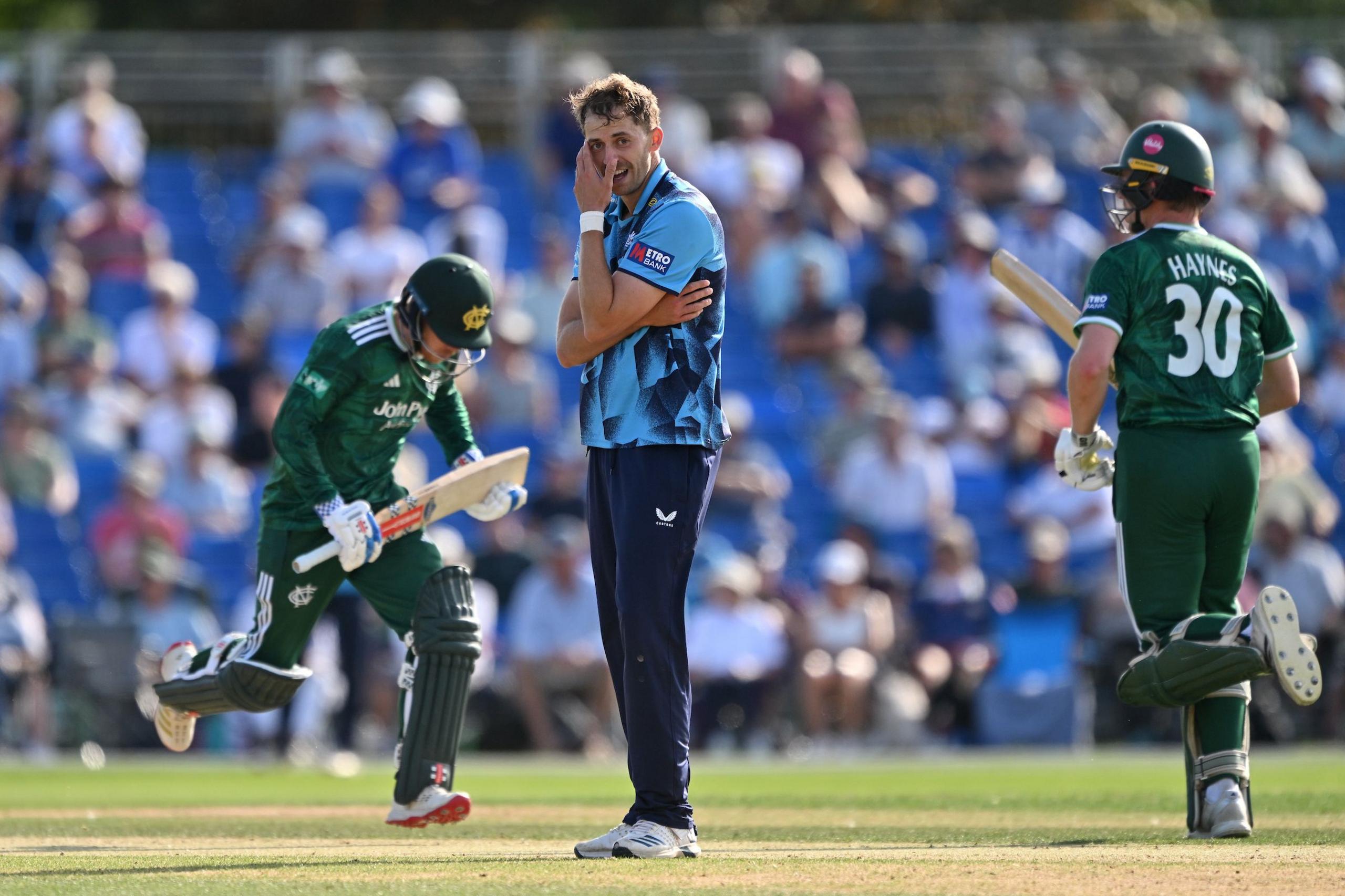 Yorkshire pace bowler Ben Coad looks aghast as Notts pair Kyle Verreynne and Jack Haynes add more runs at Clifton Park, York