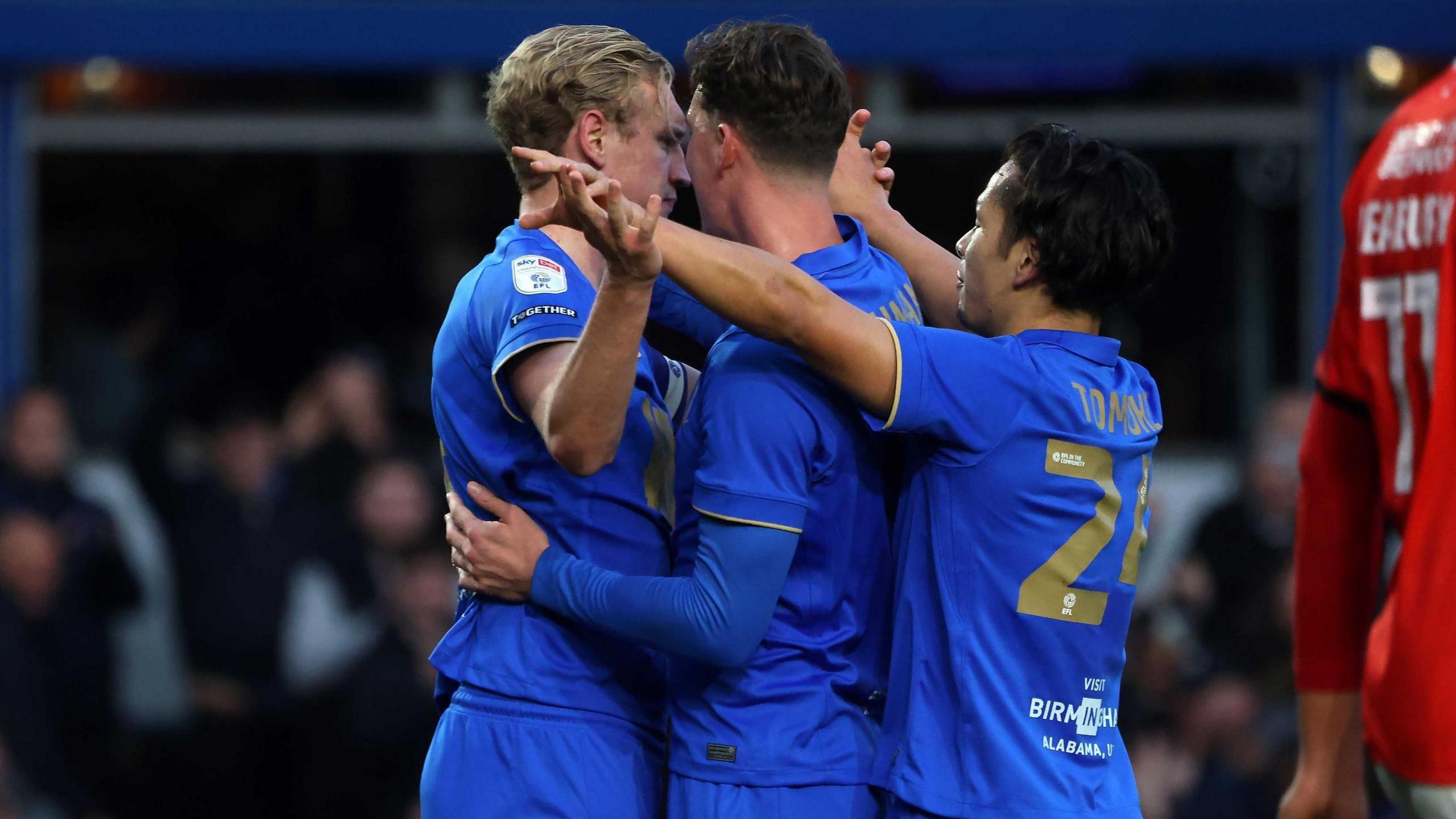 Birmingham captain Christophe Klarer is congratulated by his teammates after scoring against Charlton