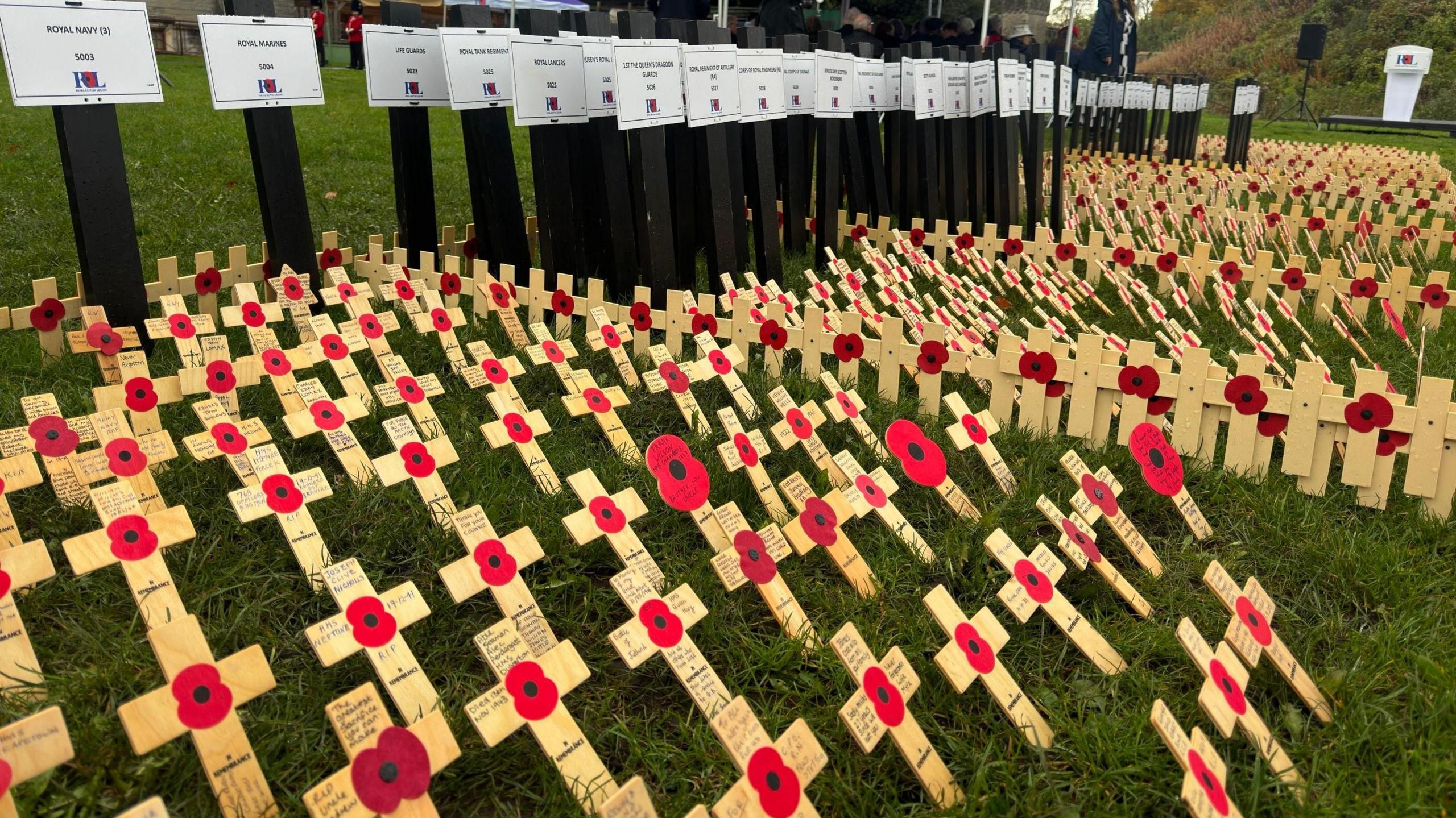 Crosses in the field of remembrance at Cardiff Castle