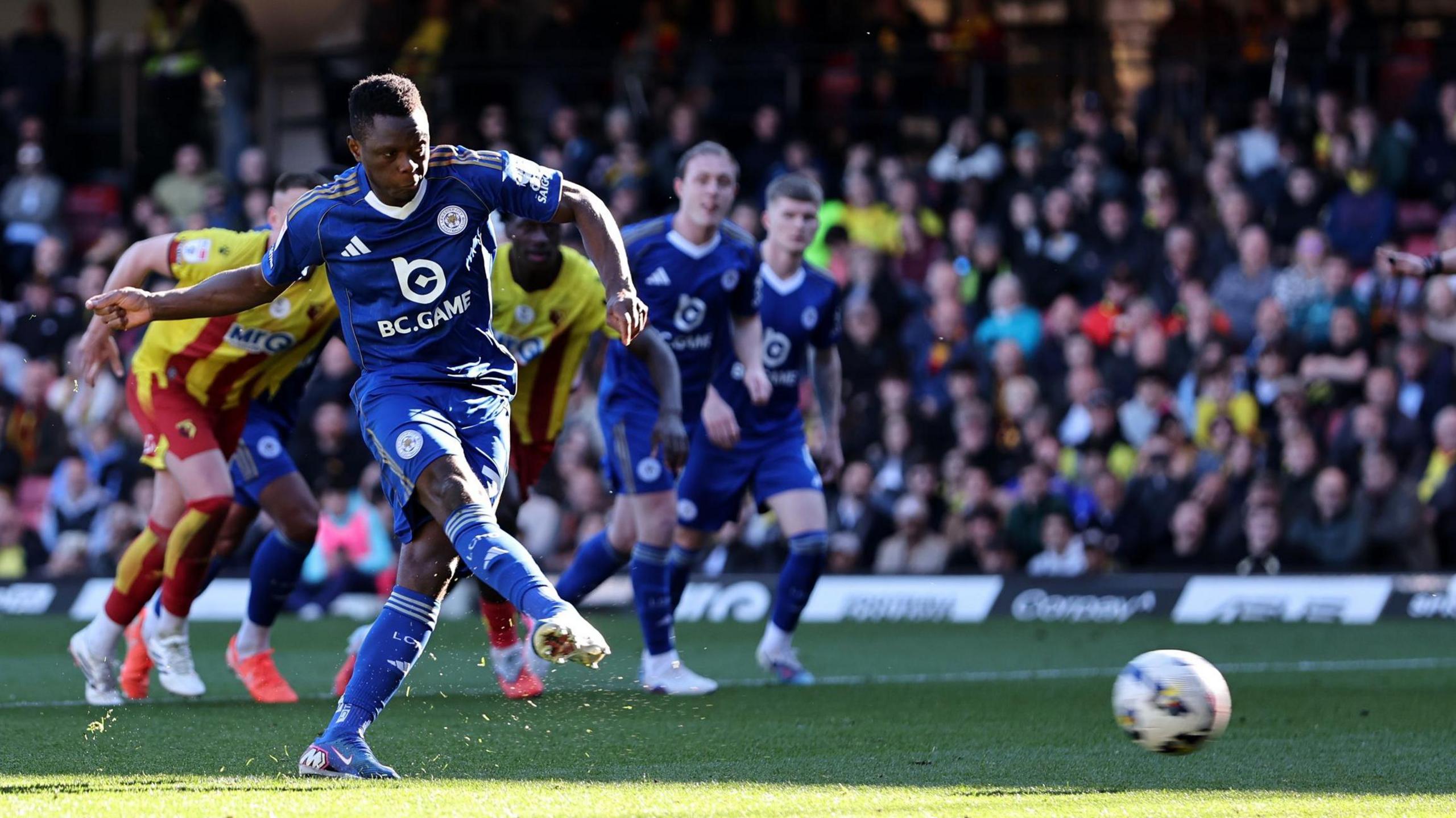 Leicester City's Patson Daka takes a penalty that is saved by Watford goalkeeper Egil Selvik