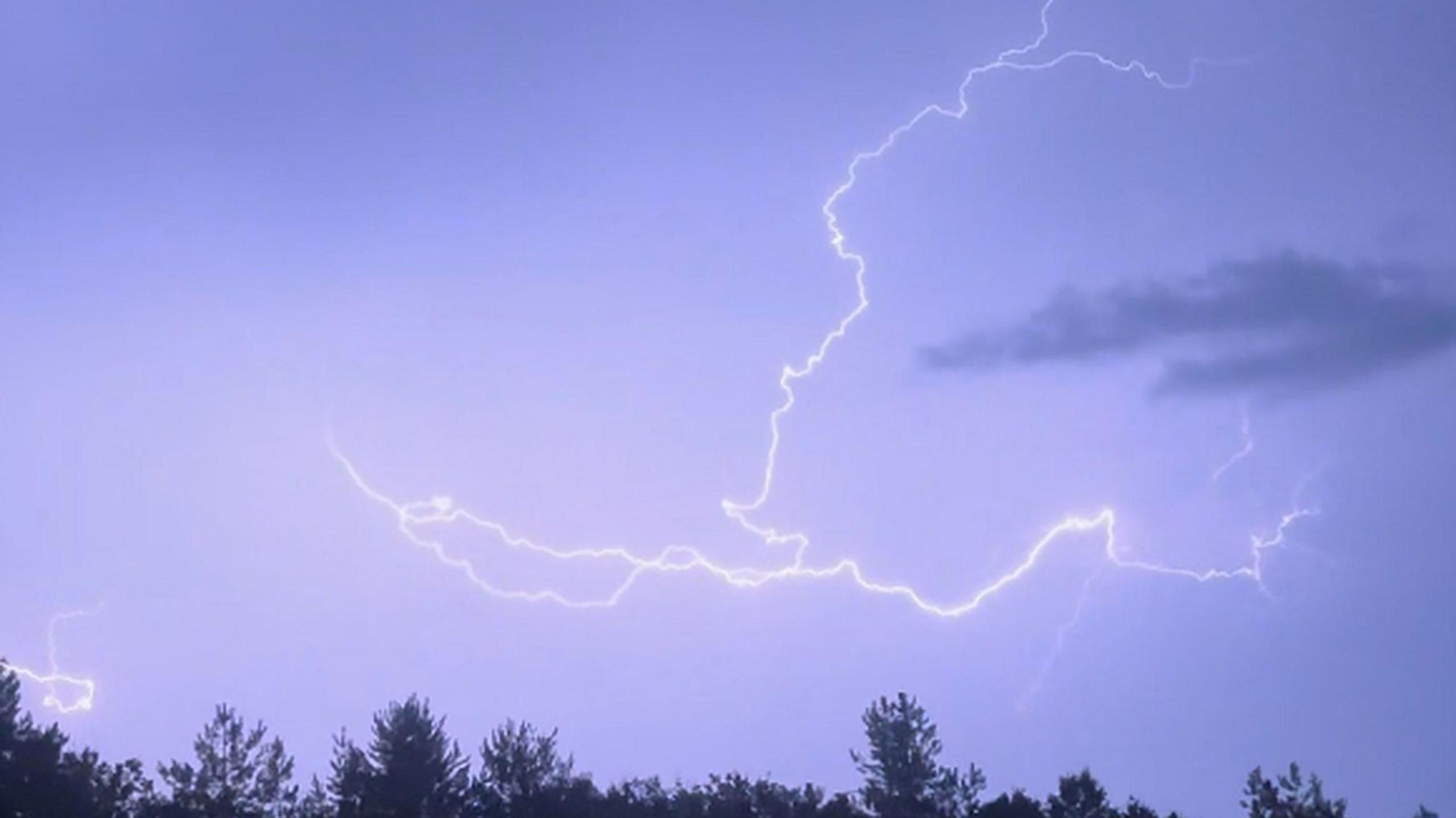 A bolt of lightning fracturing and illuminating an otherwise dark sky above a line of trees.