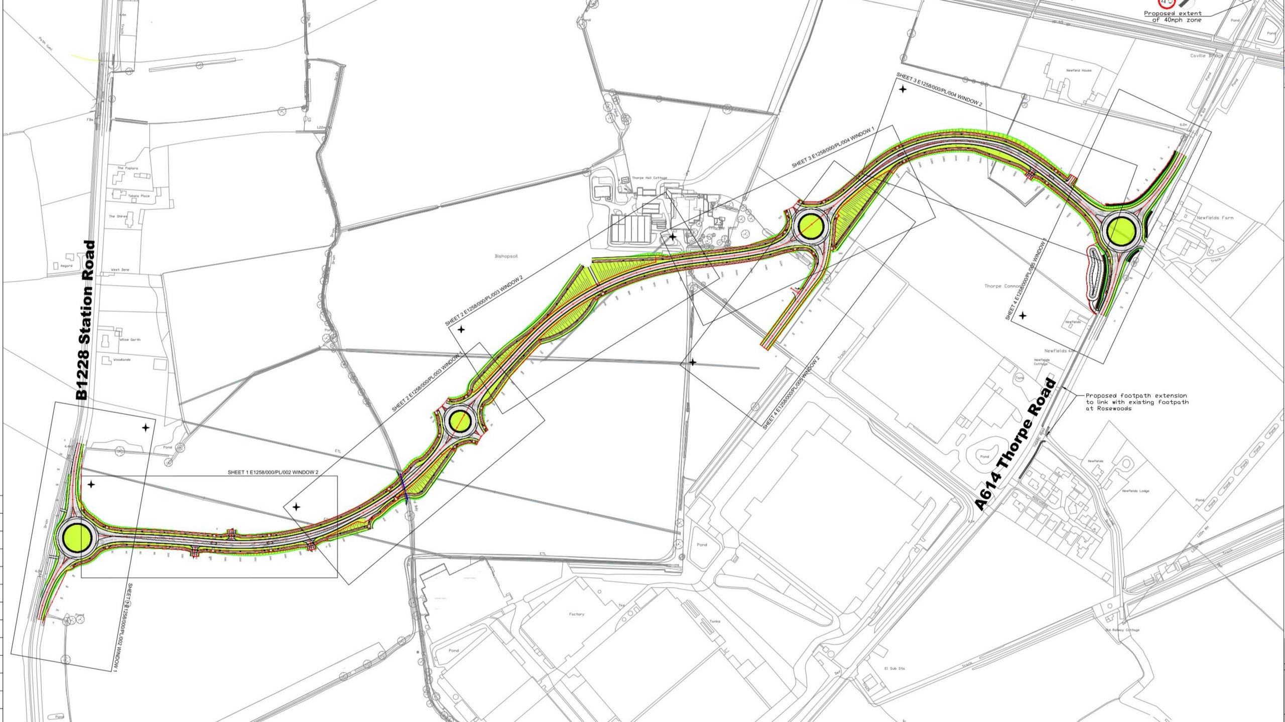 A black and white sketched map showing a road with four roundabouts highlighted in yellow.