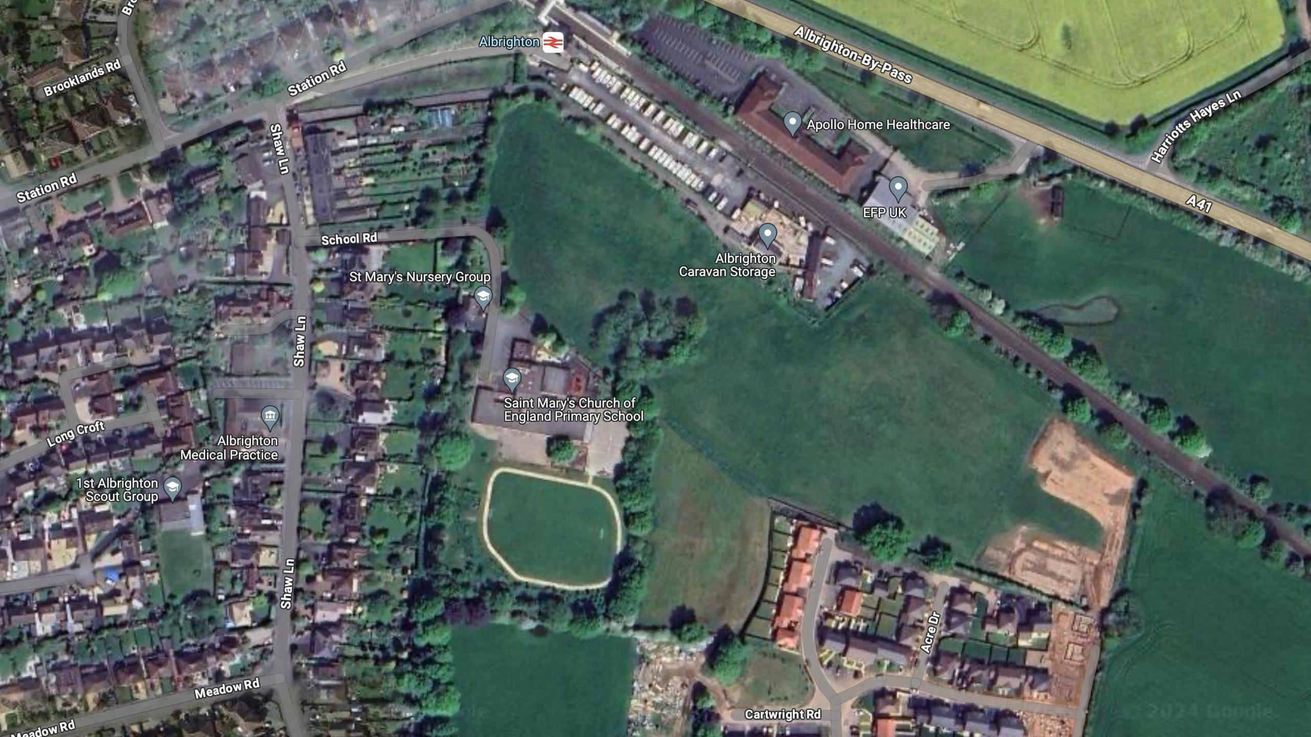 Overhead map view of Albrighton