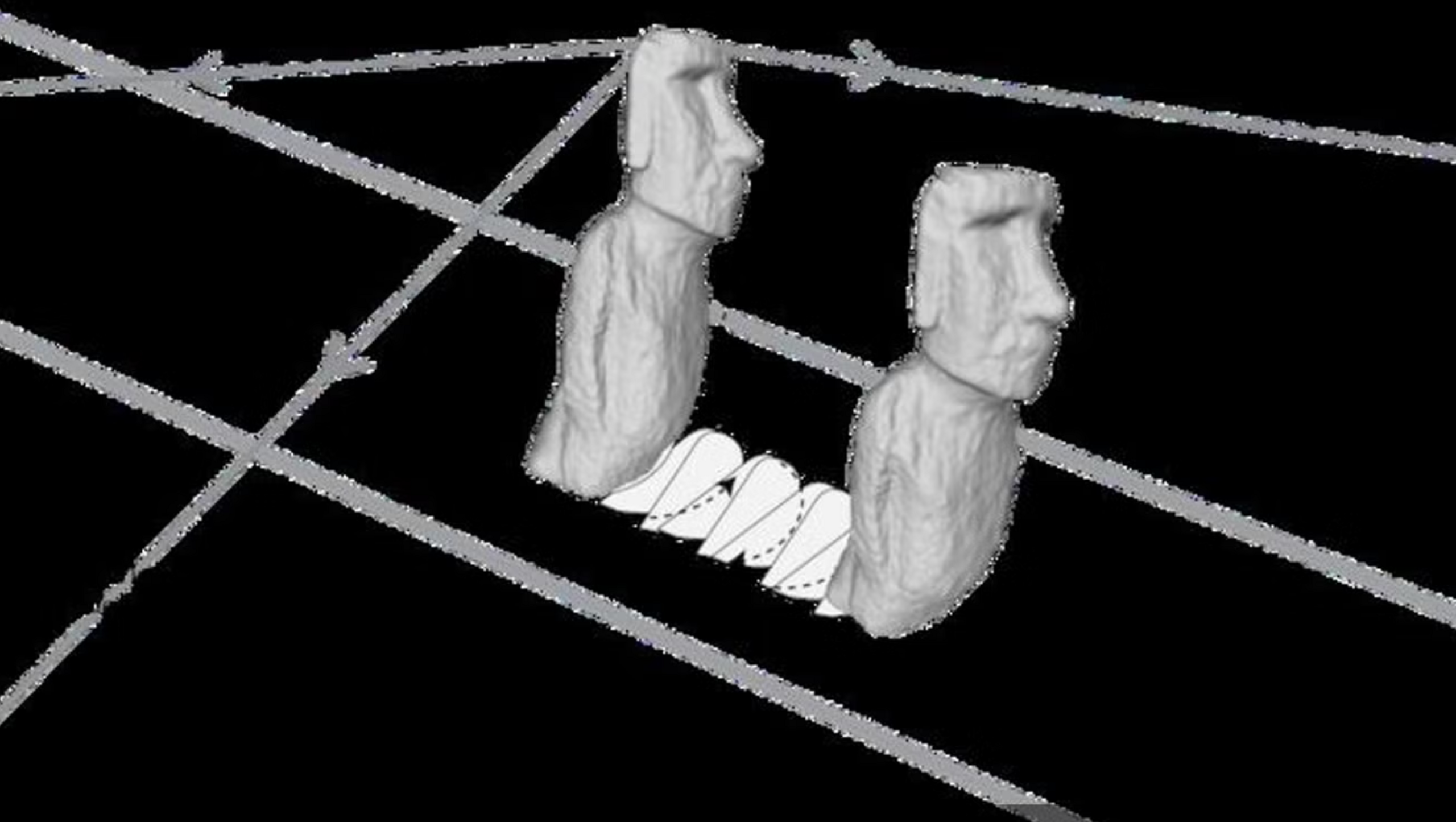 A diagram with lines to show the statue movements, with two digitally created statue models.
