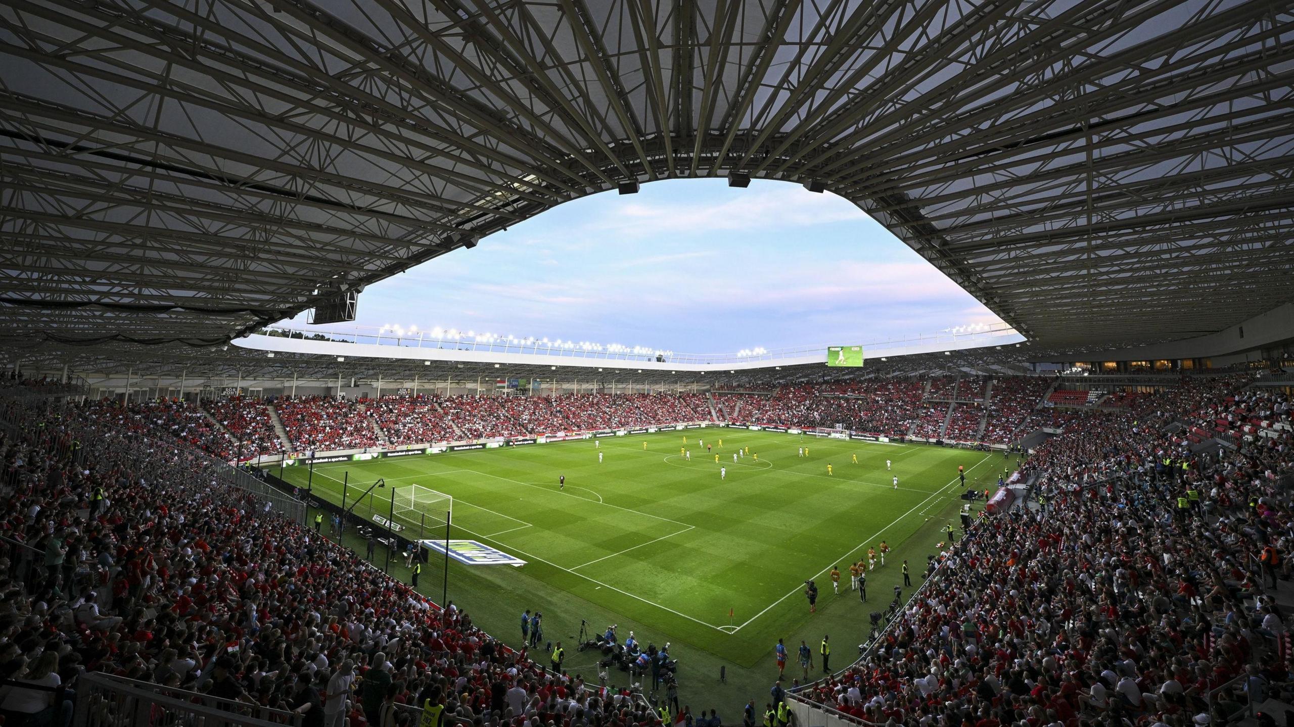 Fans inside the Nagyerdei Stadium in Debrecen watch Hungary v Kazakhstan