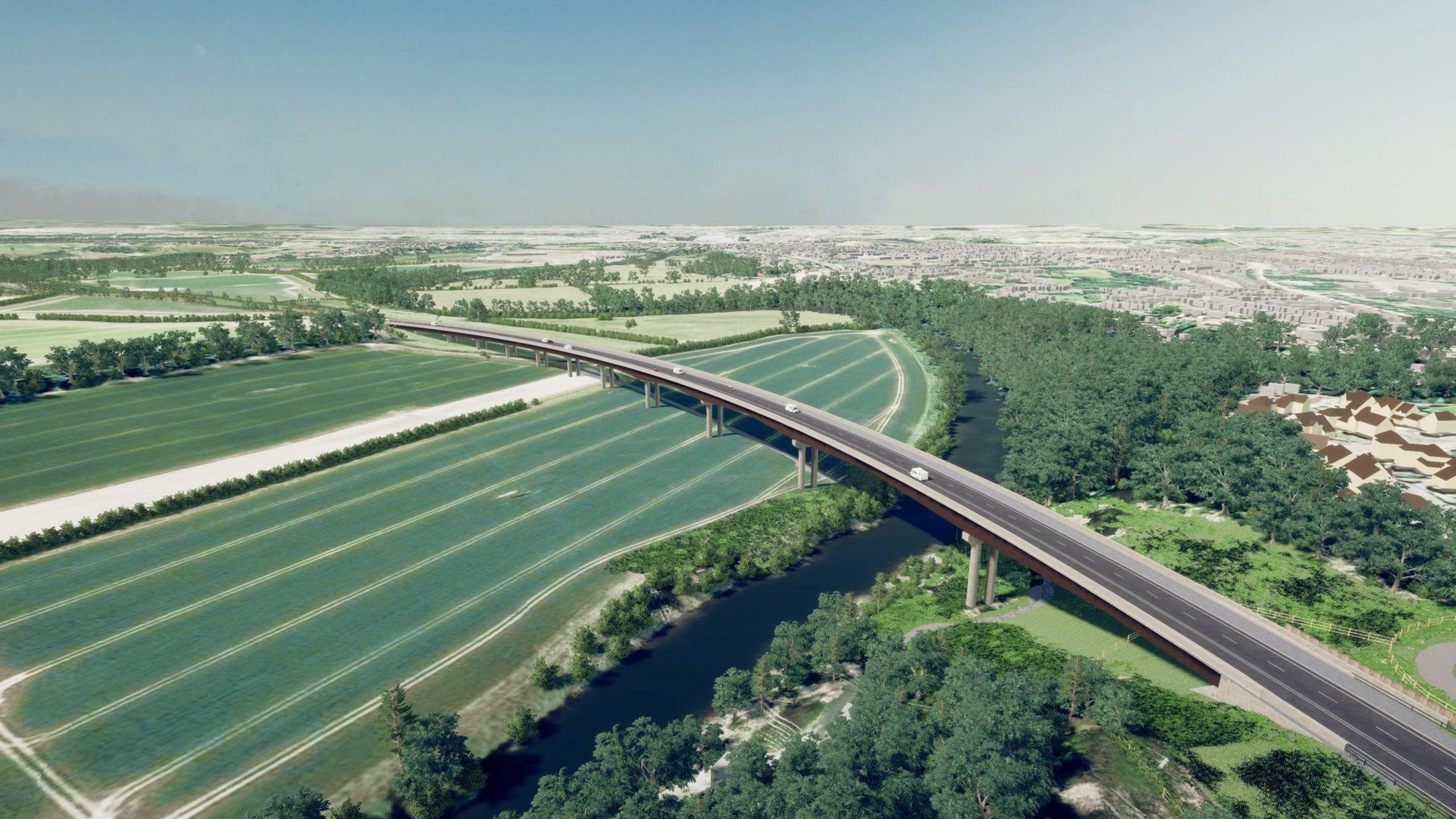 An artist's impression of the single carriageway bypass over the River Severn and farmland, with trees lining the river and housing in the background