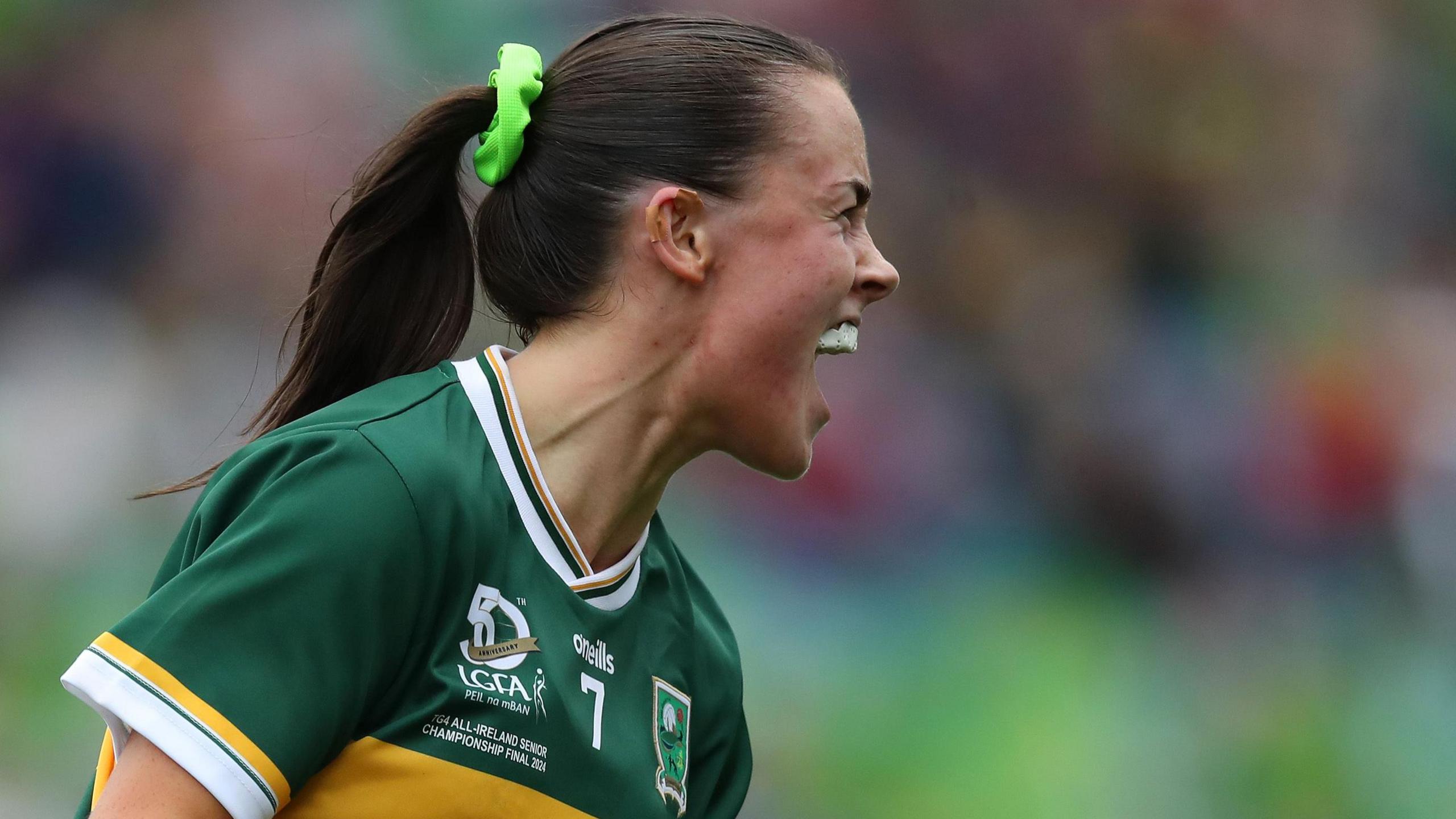 Aoife Dillane celebrates scoring a goal for Kerry against Galway at Croke Park