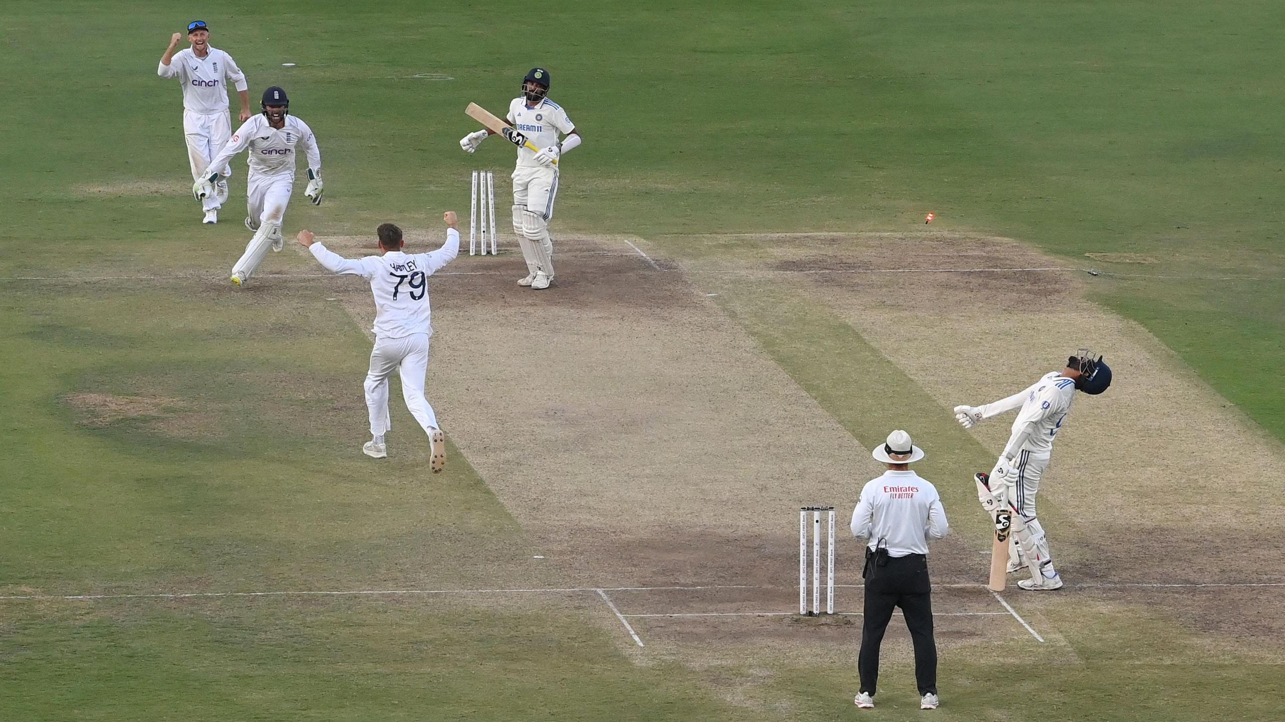 Tom Hartley celebrates a wicket