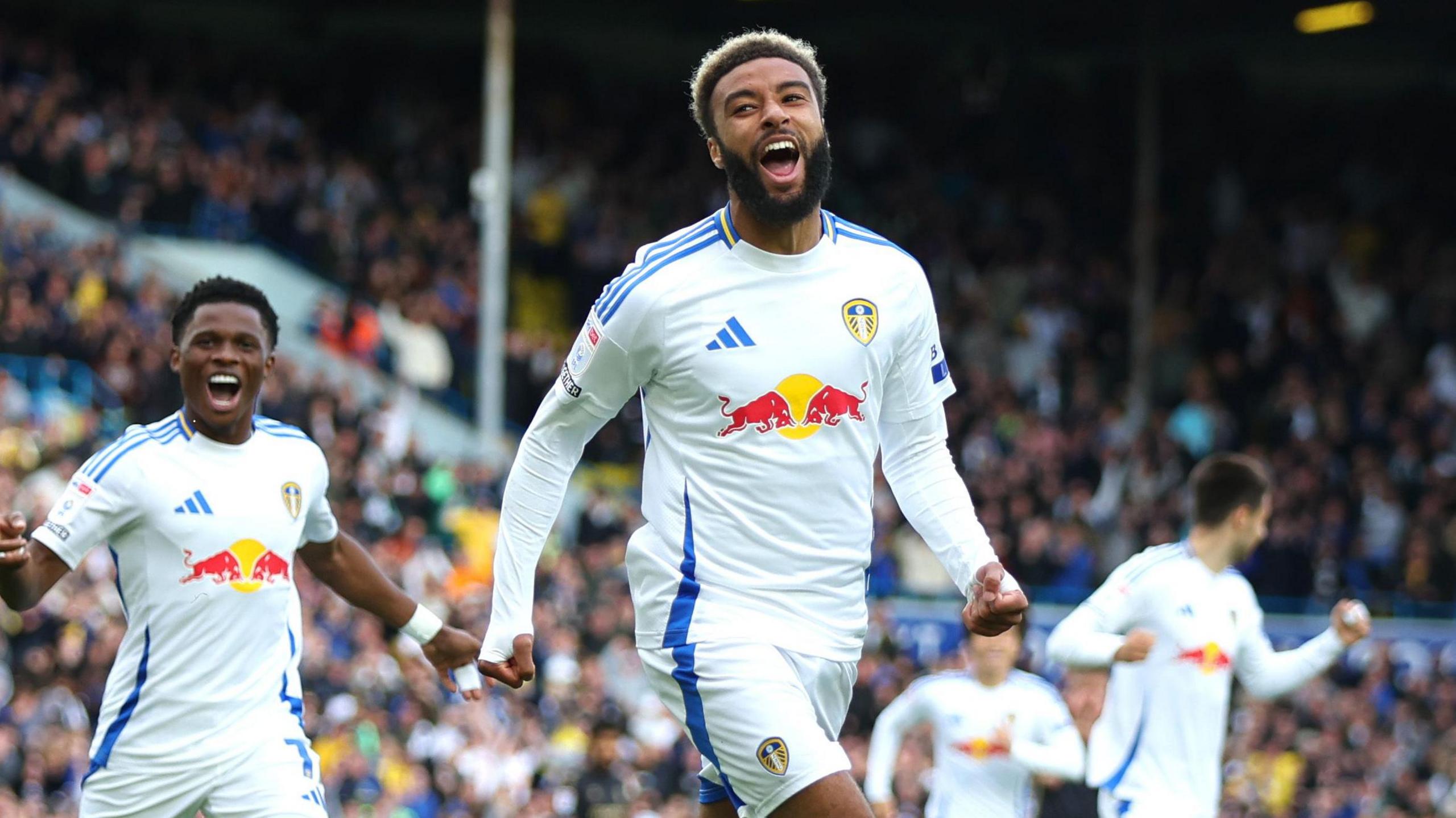 Leeds United's Jayden Bogle celebrates his second-half goal against Coventry City