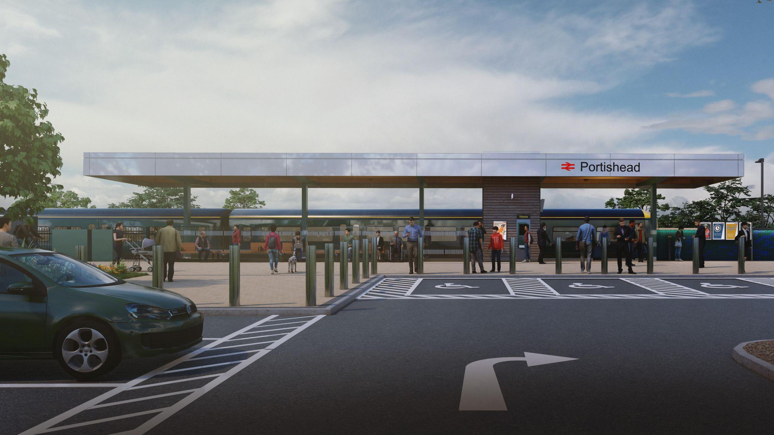 An artist's impression of the new Portishead Railway Station. There's a car park at the front which is freshly tarmaced and has cars parked in the spaces. There's people milling around the front of the station, with a big sign saying "Portishead" withe the red railway symbol. 