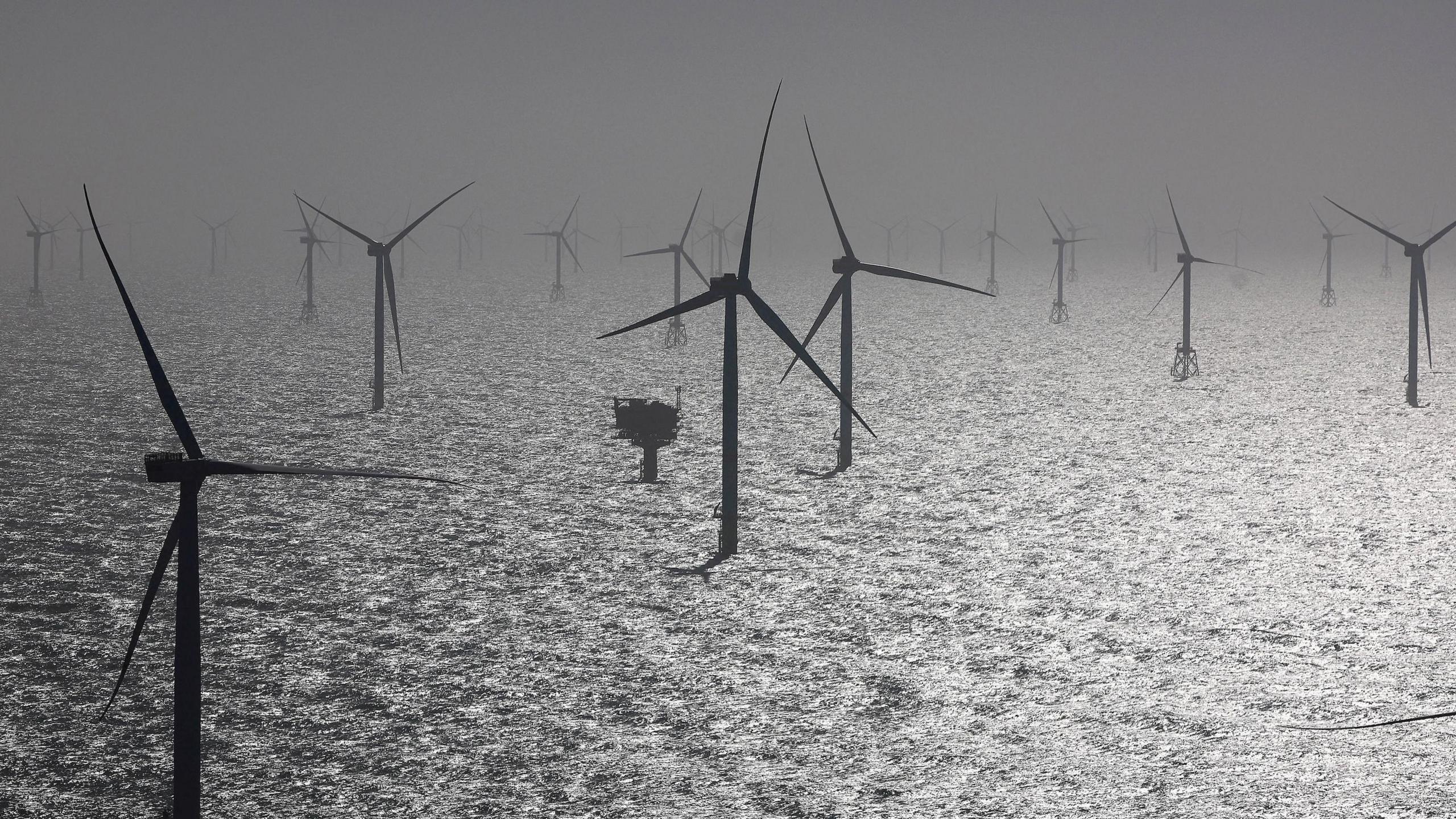 About 20 wind turbines in the sea, with haze slightly obscuring ones in the background.